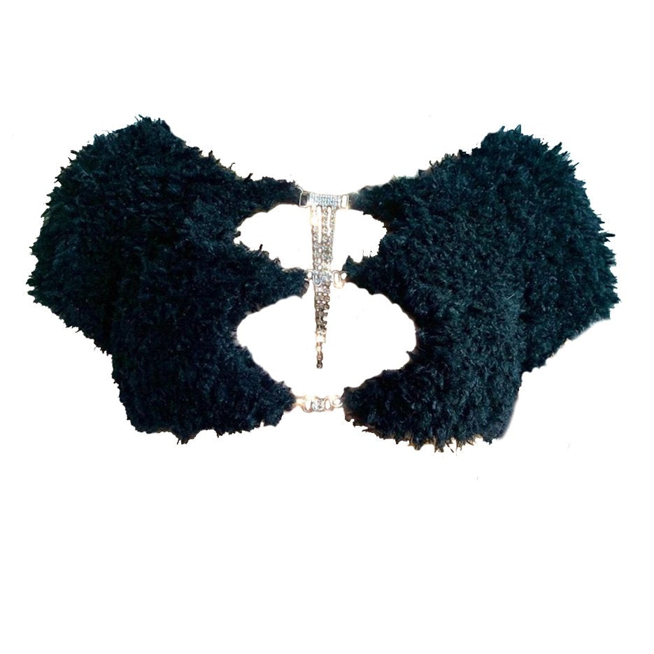 Black crochet faux fur crop top with cap sleeves