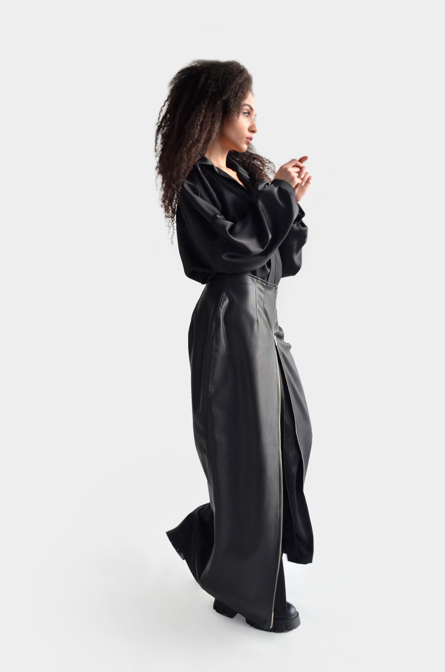 Black eco leather maxi skirt with zipper for women by Holocene