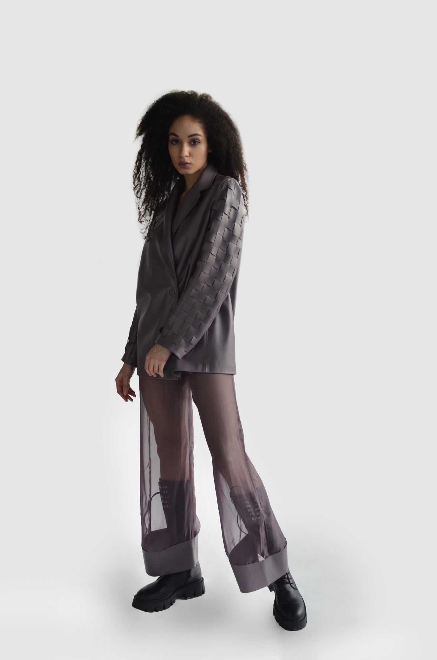 Gray eco leather and mesh sheer pants for women by Holocene