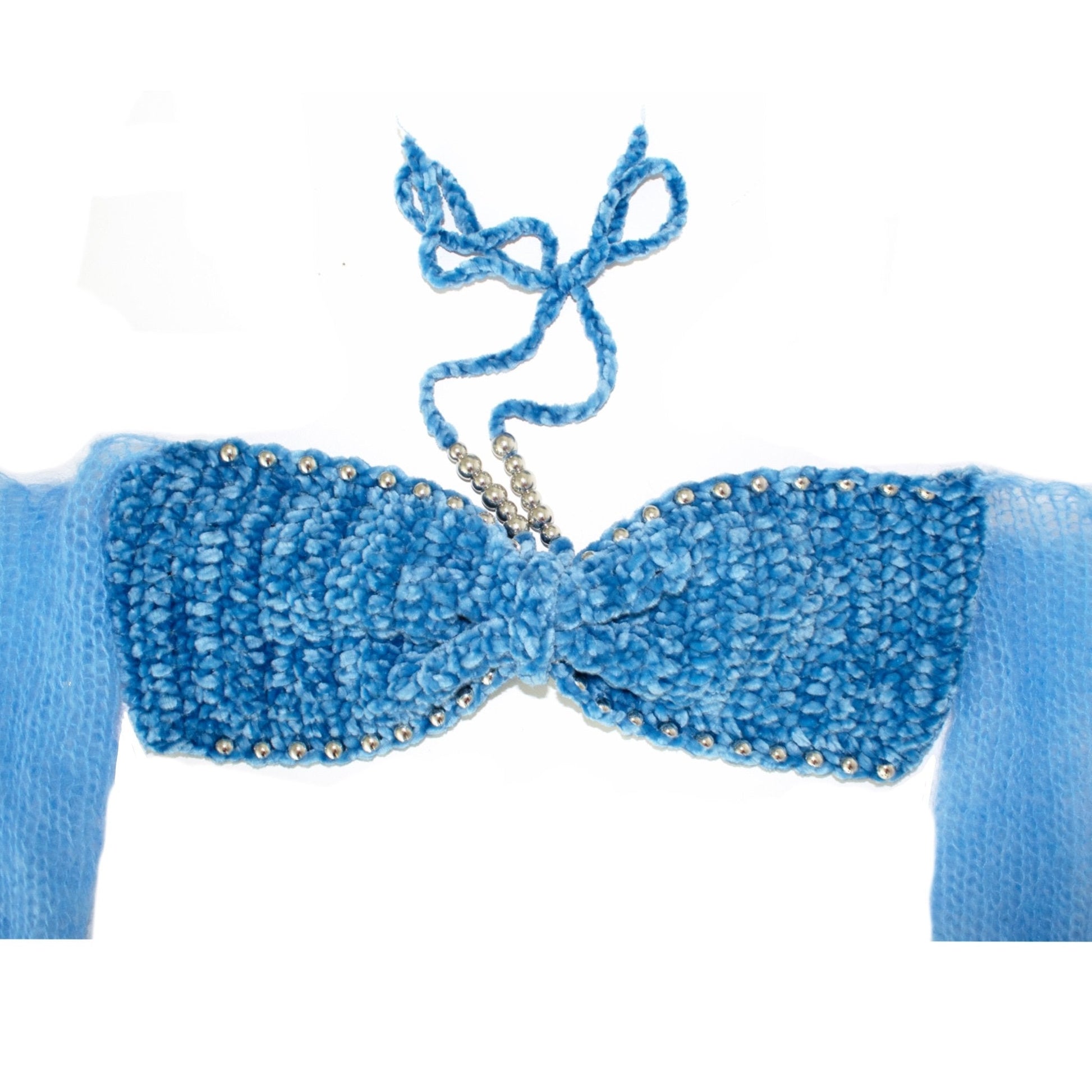 Blue velvet crochet crop top with long sleeves and halter neck