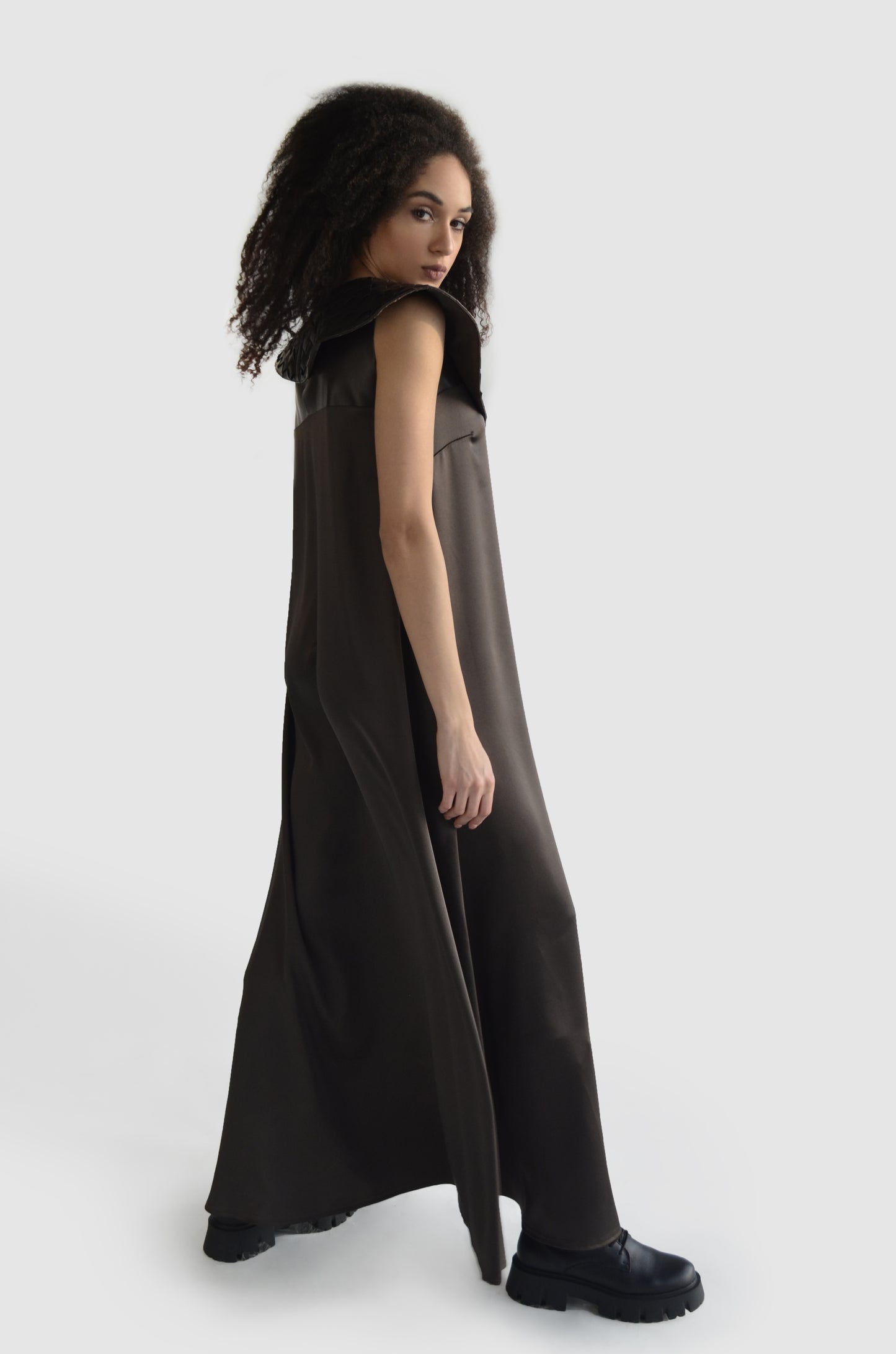 Brown sleeveless satin maxi dress with thigh slit for women by Holocene