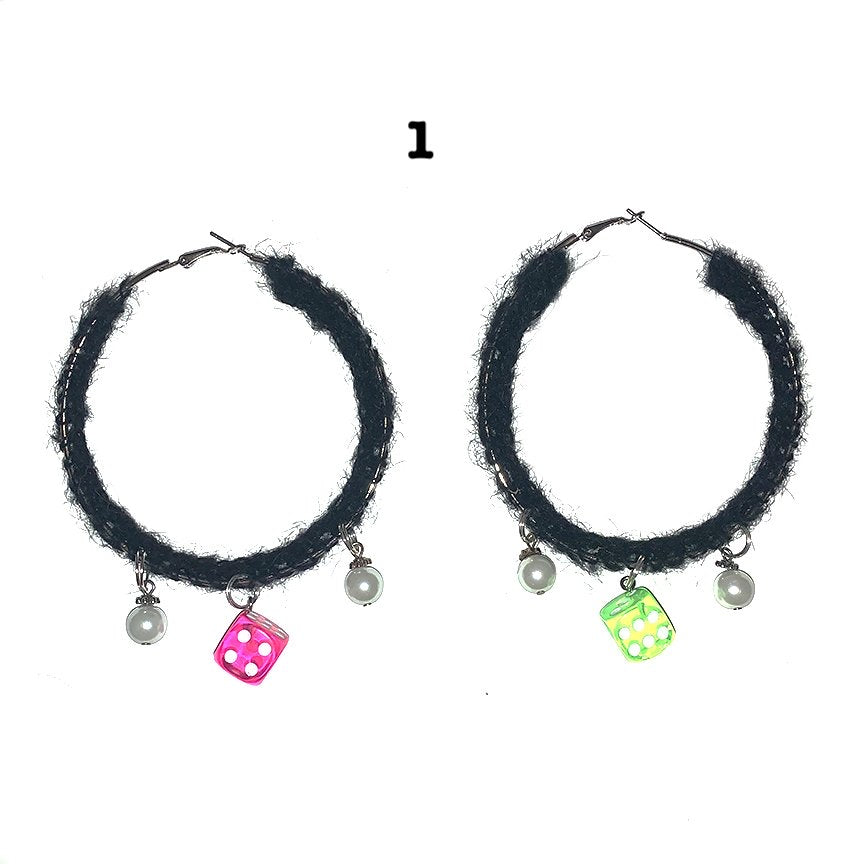 Crochet hoop earrings with charm adornments