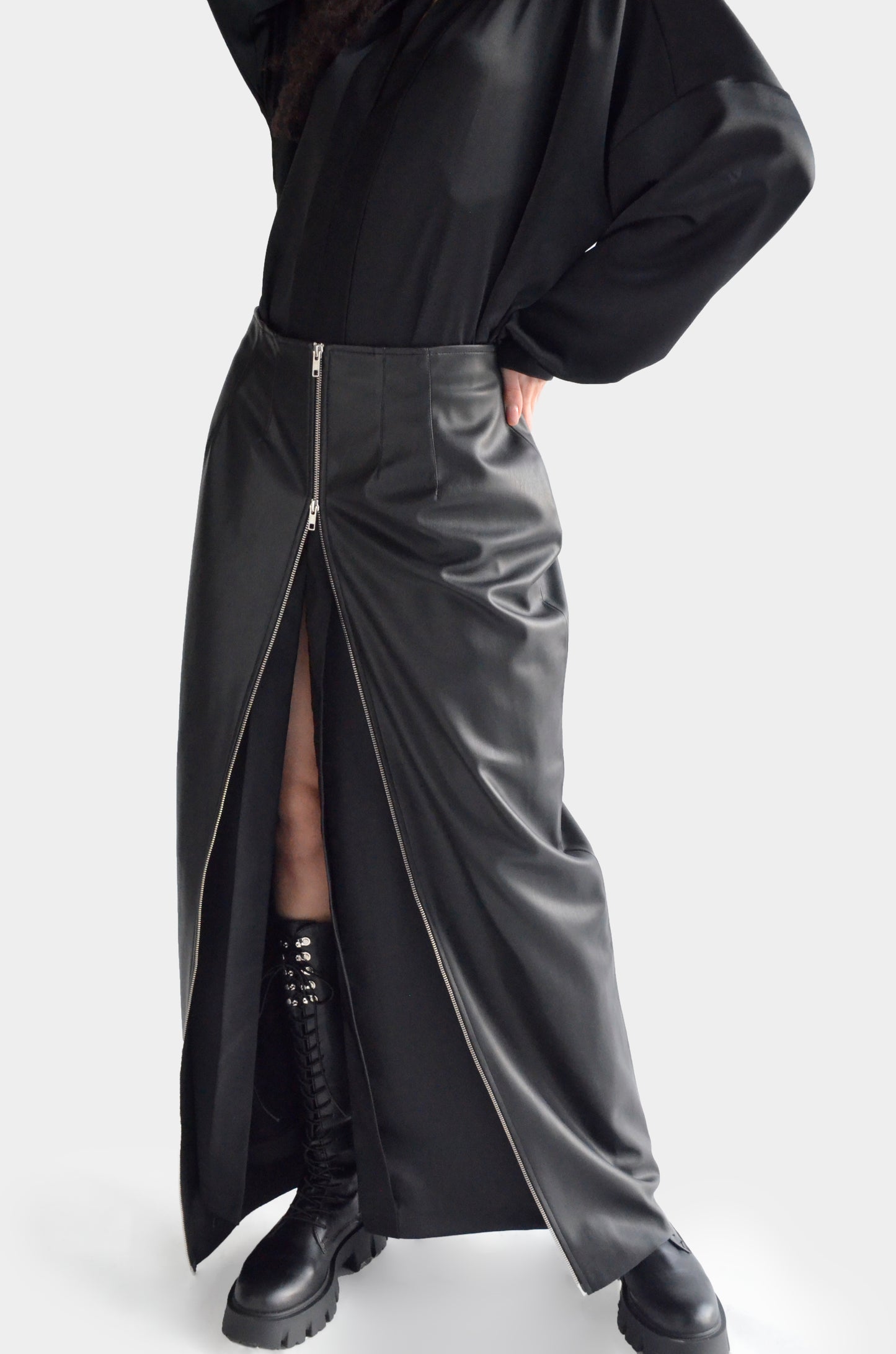 Black eco leather maxi skirt with zipper for women by Holocene