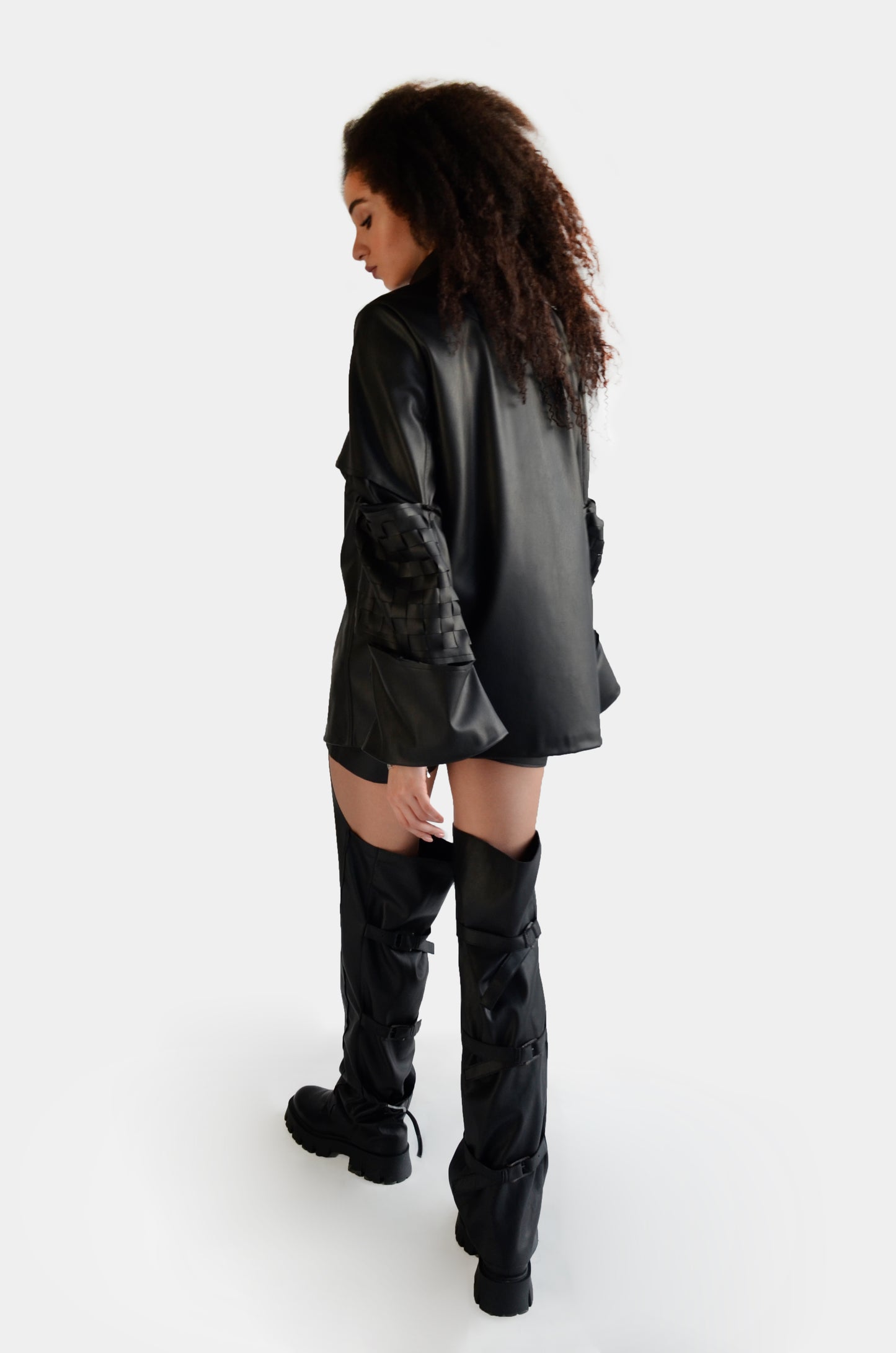 Black eco leather jacket blazer with weaving detail on the sleeves for women by Holocene