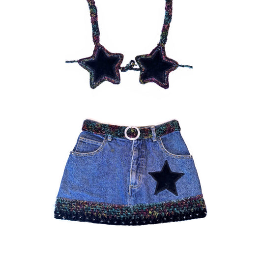 Vintage Jean Guess Skirt Revamped into a Two Piece Velvet Star Bra and Mini Skirt with Crochet Trim and Rhinestone Buckle Belt.