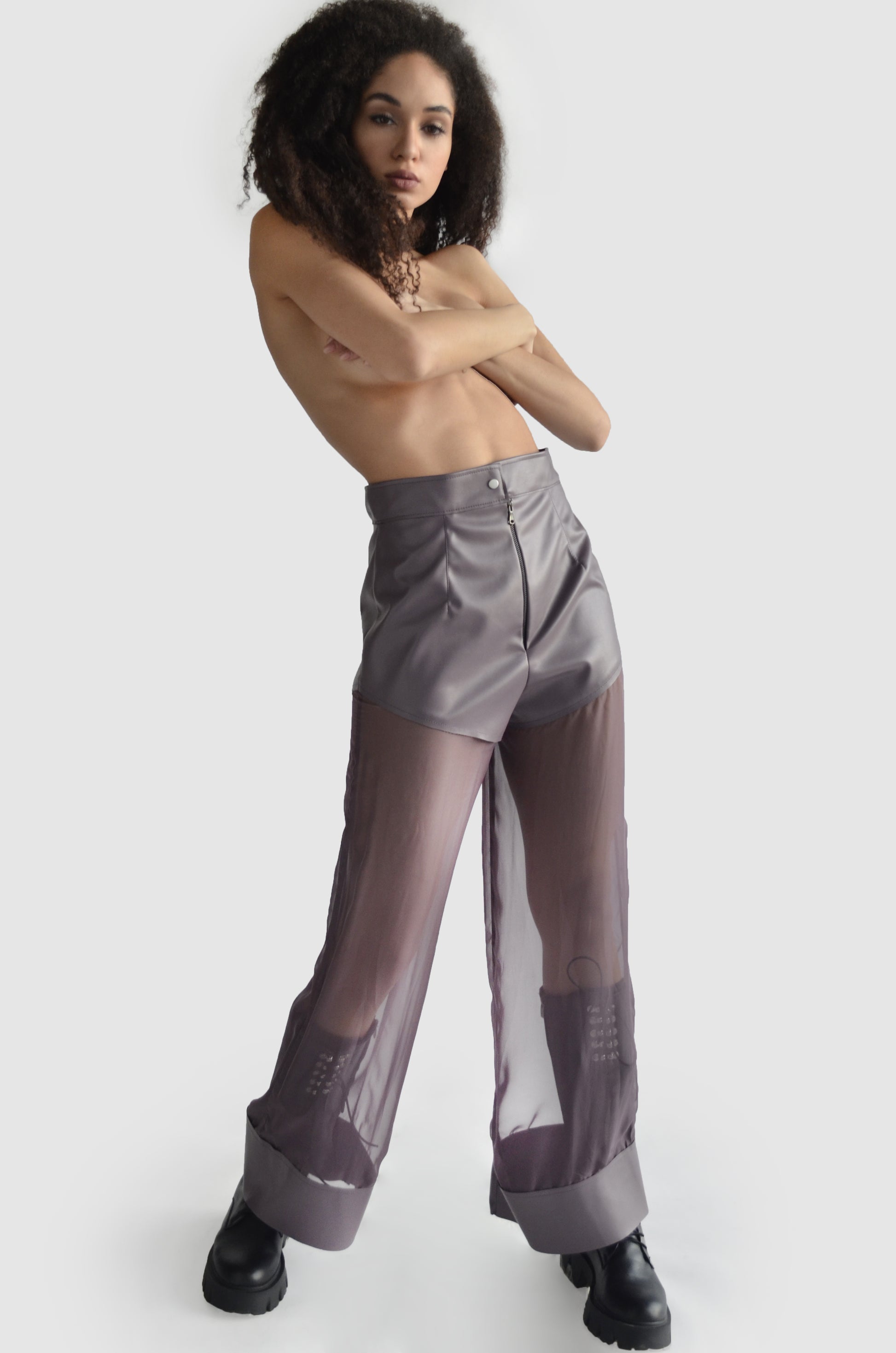 Gray eco leather and mesh sheer pants for women by Holocene