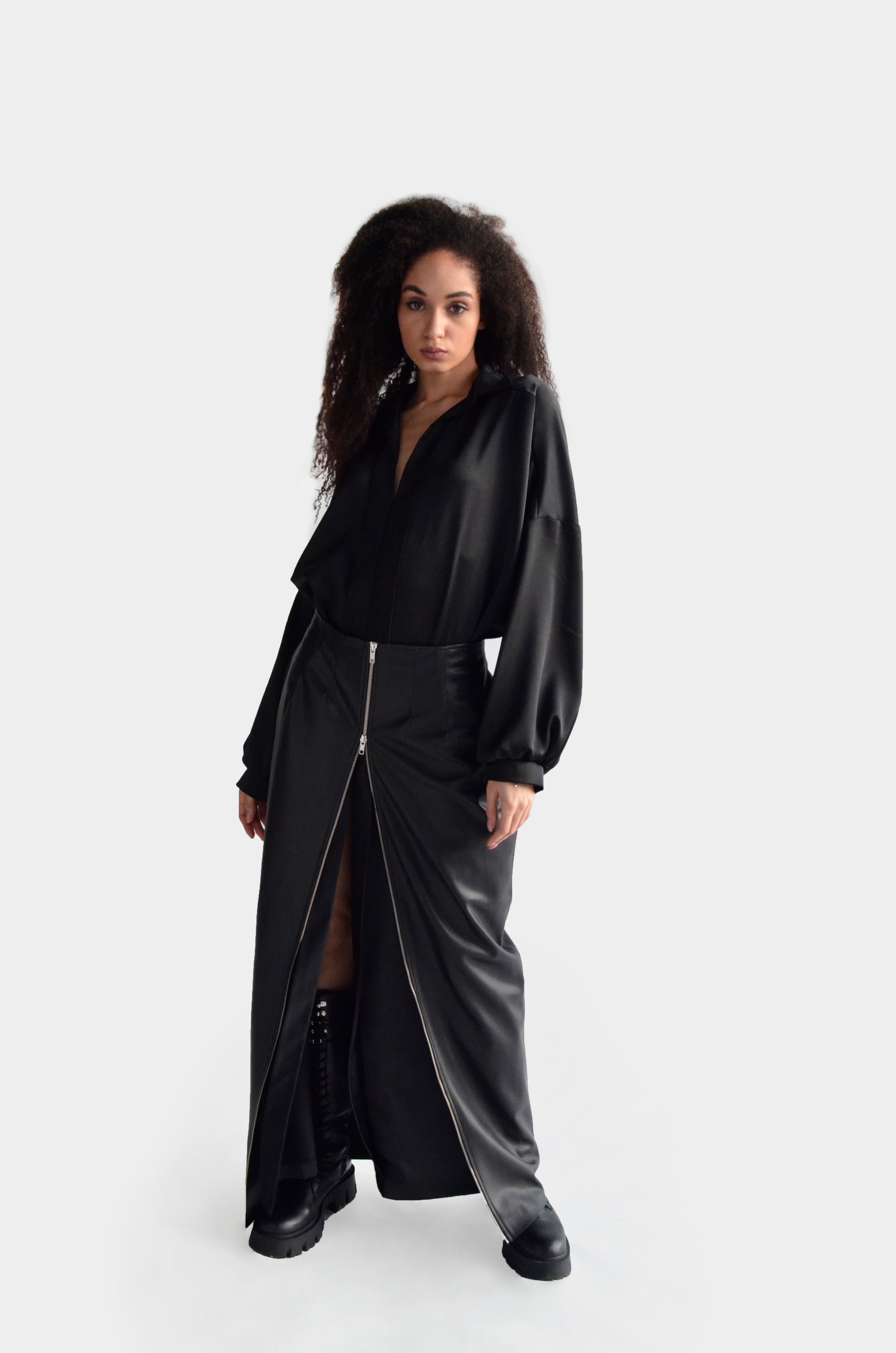 Black eco leather maxi skirt with zipper for women by Holocene