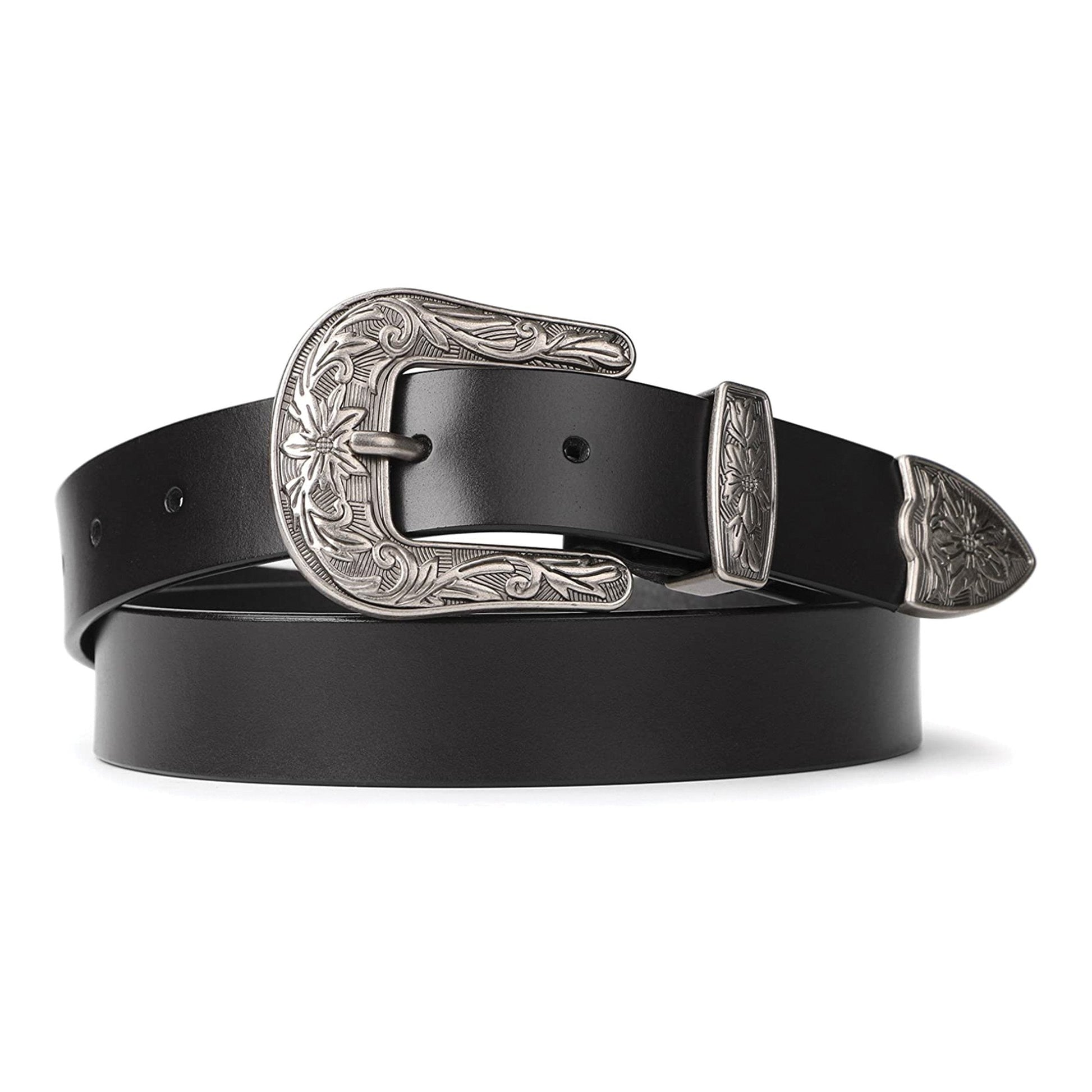 black leather belt with silver buckle for women