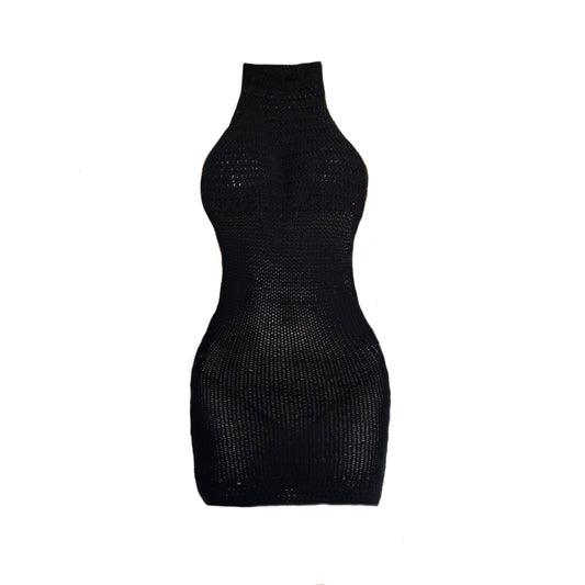 Backless knit dress with high-neck collar