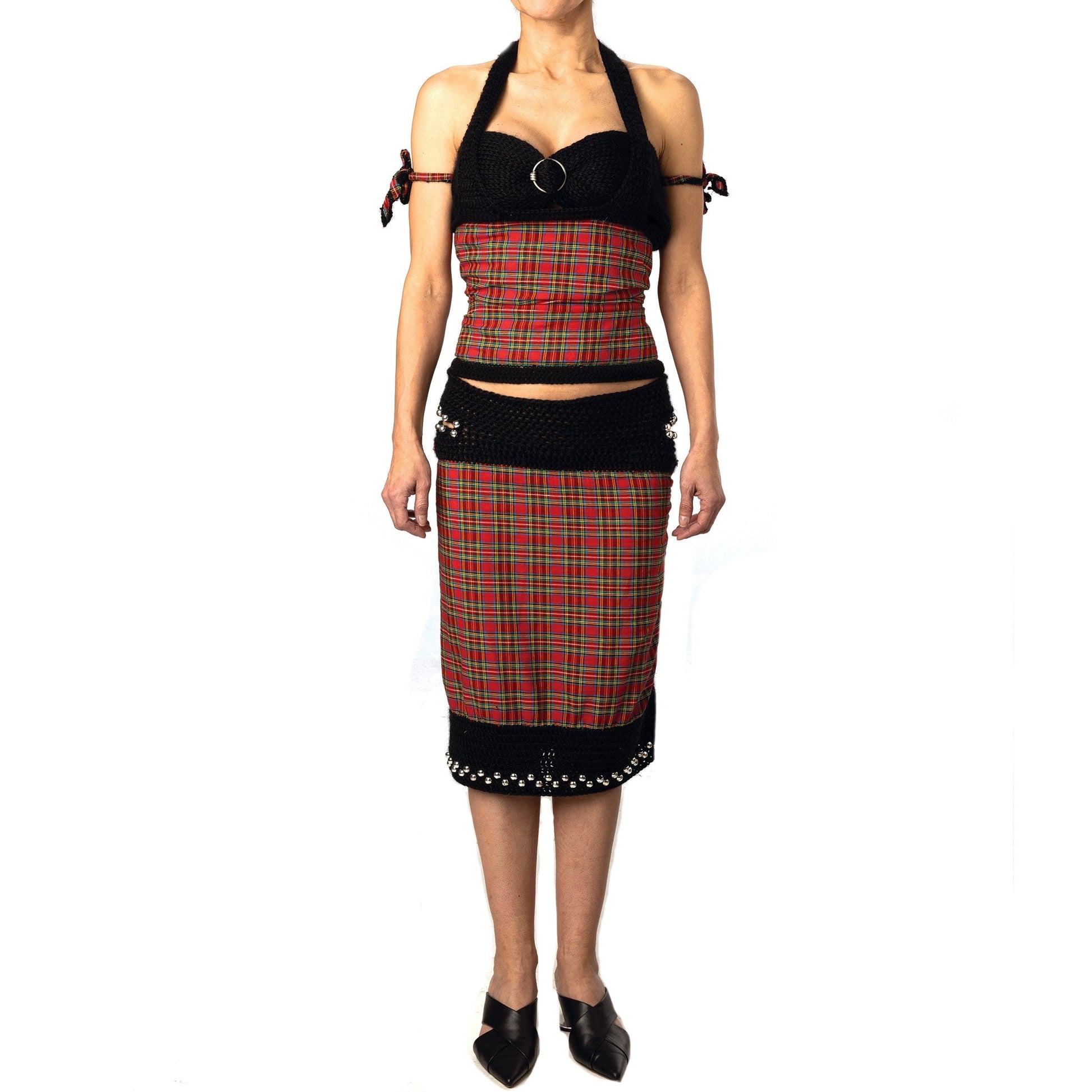 Red plaid knit midi skirt