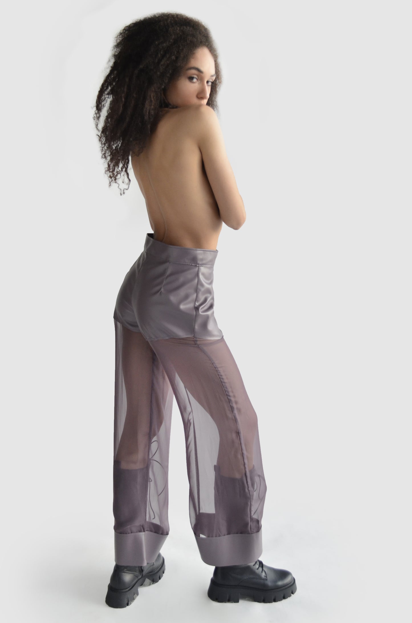 Gray eco leather and mesh sheer pants for women by Holocene