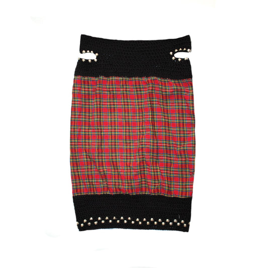 Red plaid knit midi skirt