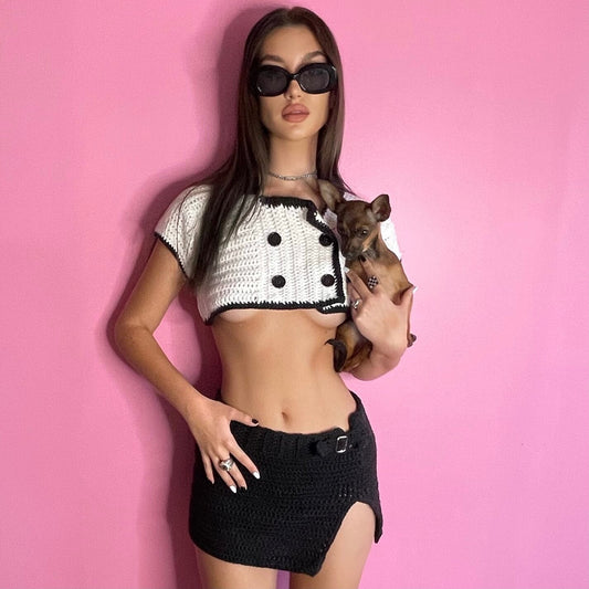 Black and white crochet button crop top and black mini skirt set