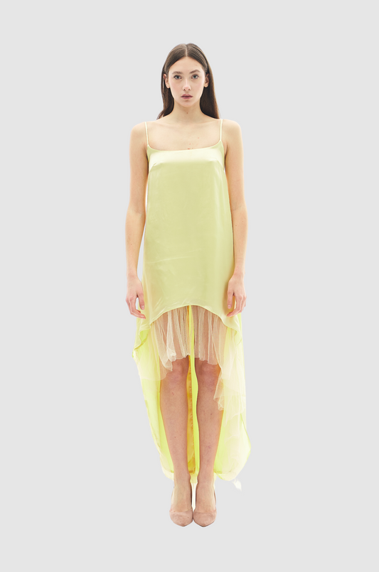 Yellow satin high low dress with chiffon detail and tank straps for women by Holocene