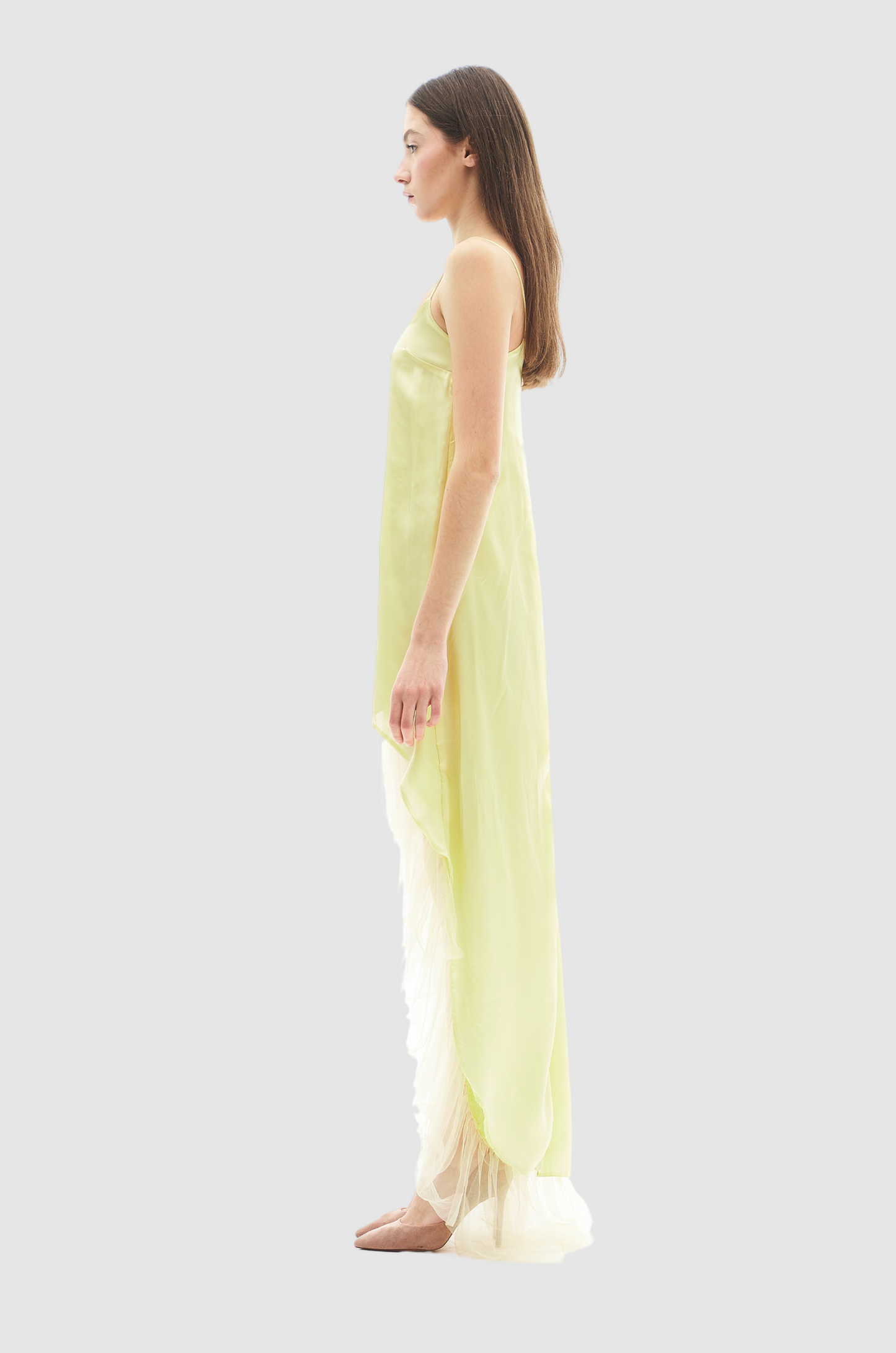 Yellow satin high low dress with chiffon detail and tank straps for women by Holocene