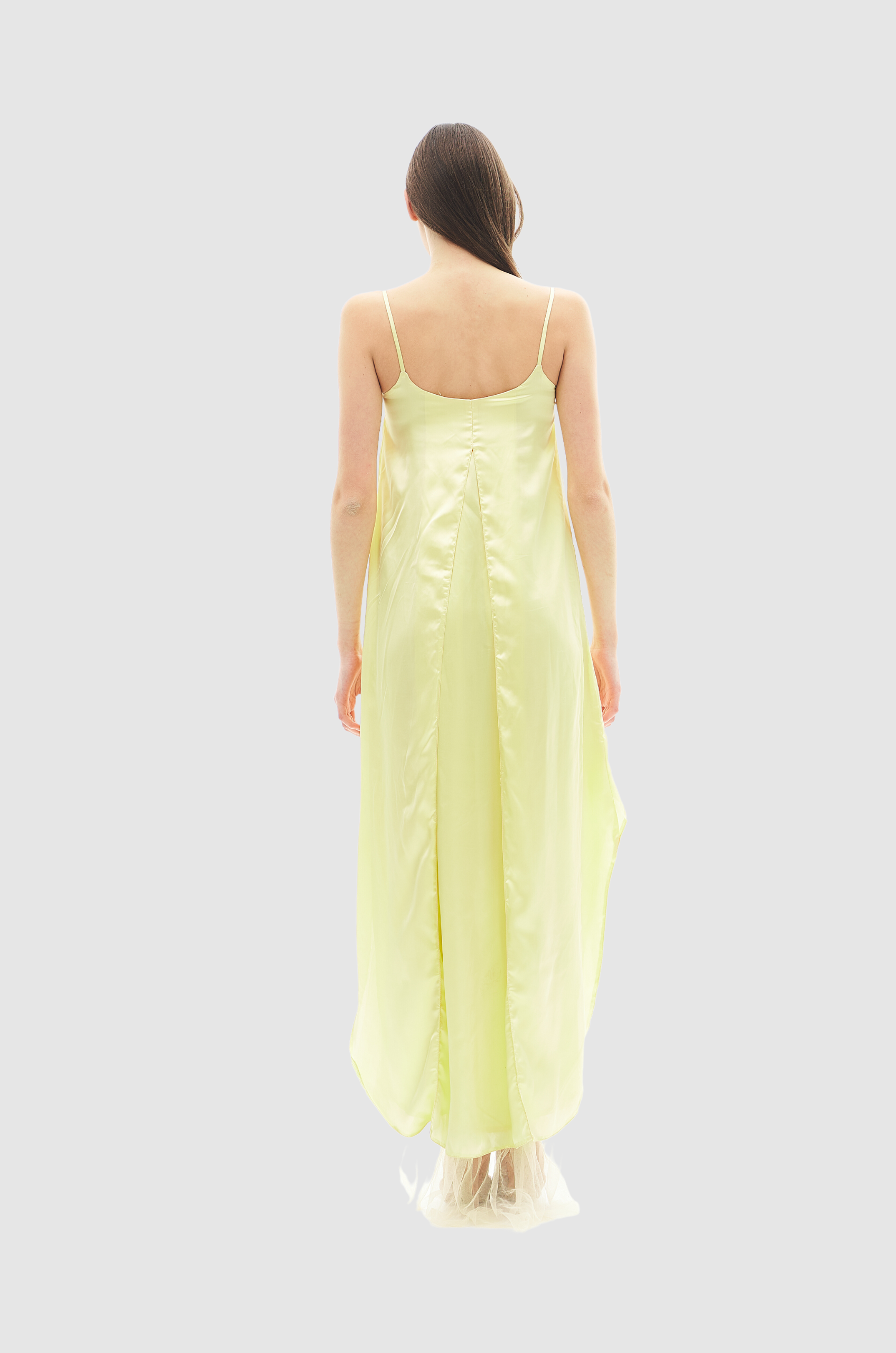 Yellow satin high low dress with chiffon detail and tank straps for women by Holocene