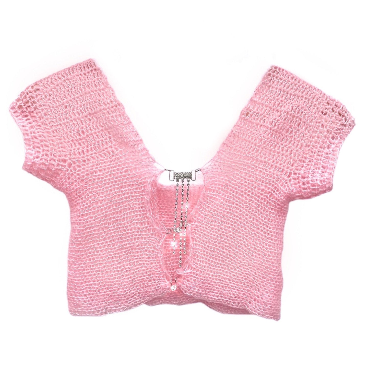 Baby pink crochet top with cap sleeves, front keyhole cut outs and rhinestone embellishments.