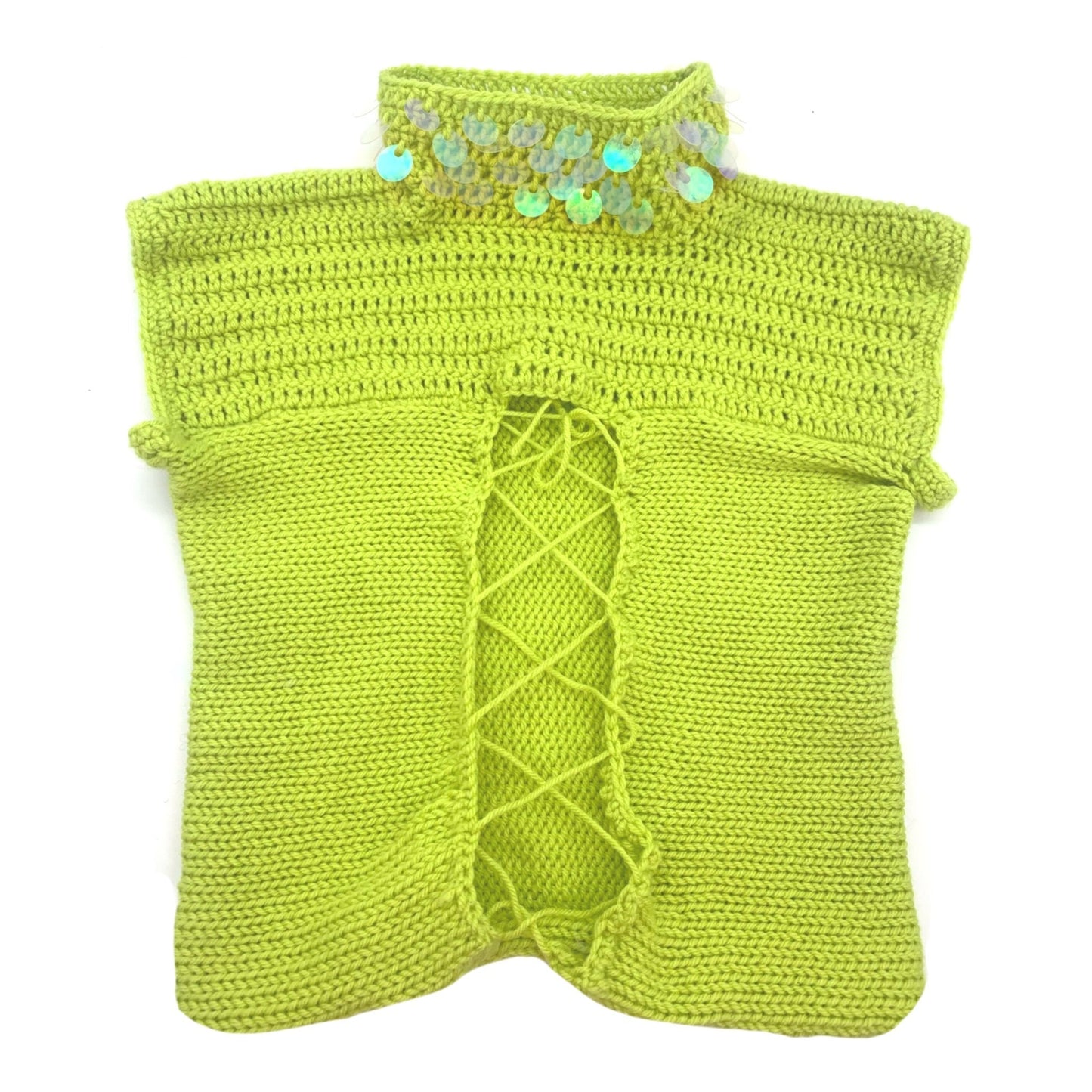 Lime green crocheted top with sequin neckline detail