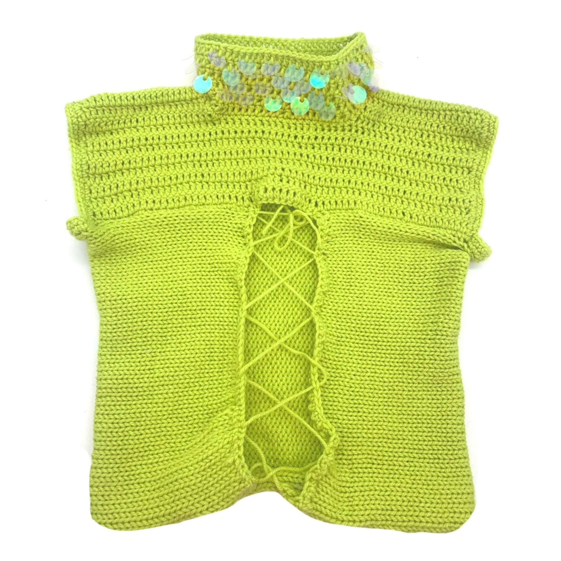 Lime green crocheted top with sequin neckline detail