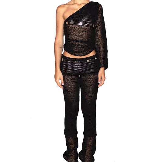 Black knit sheer trousers for women