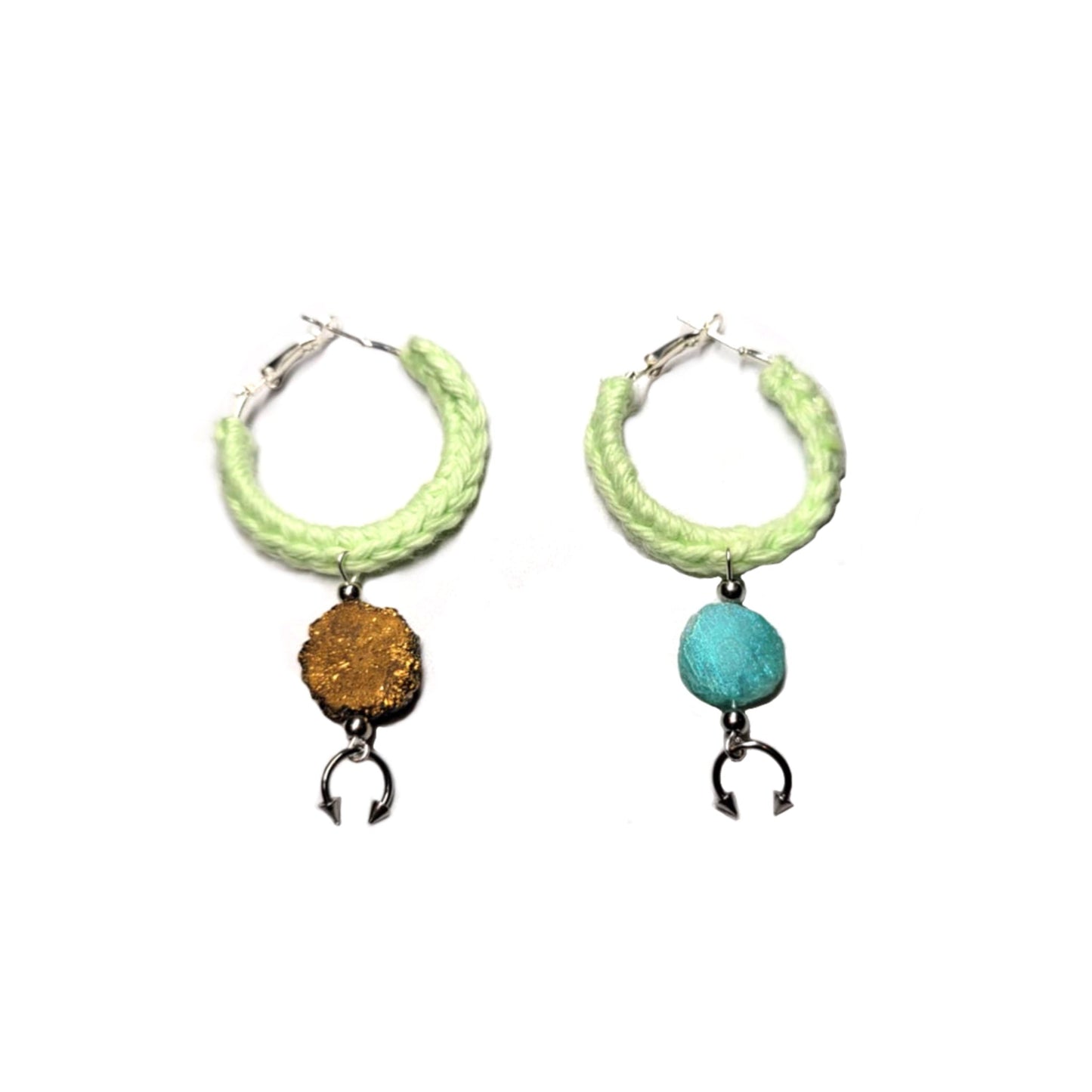 Green yarn earrings with rock charms