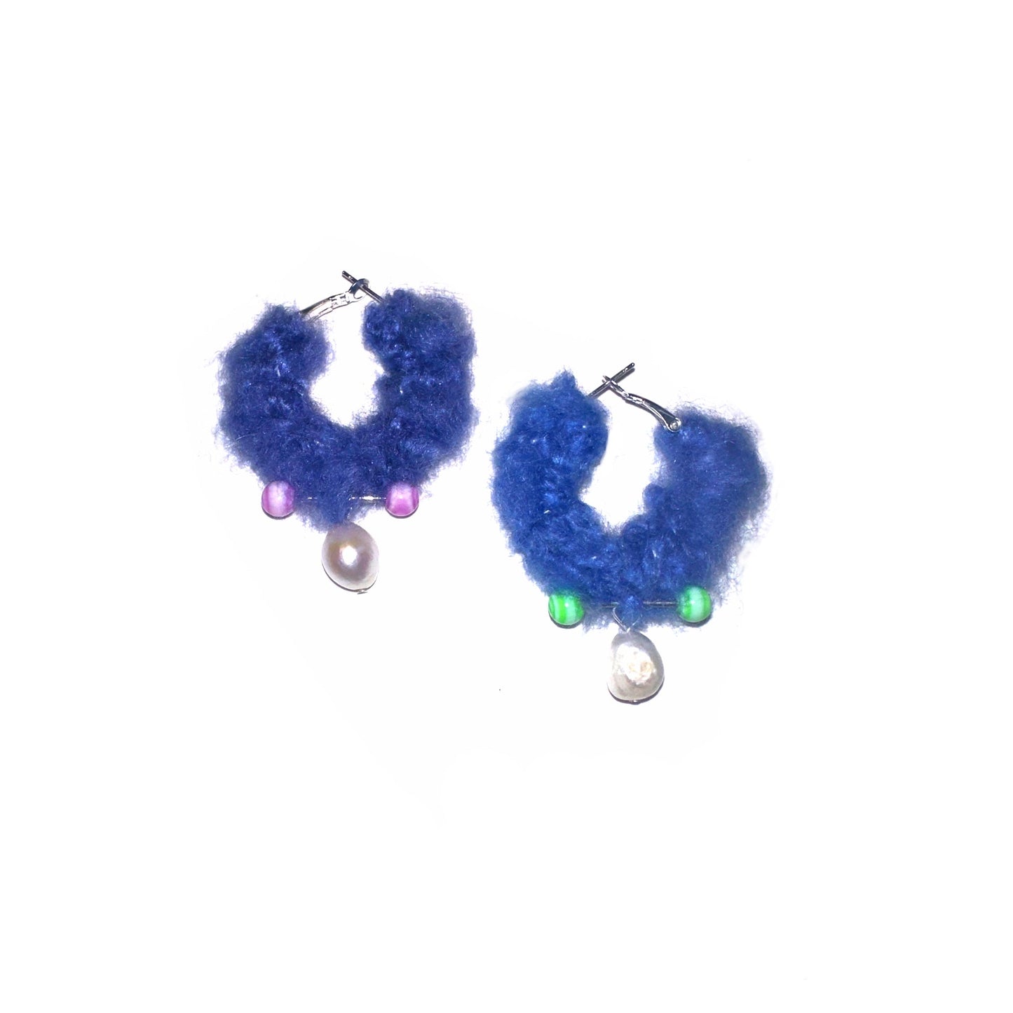 Fuzzy blue hoop earrings with colorful ball charms