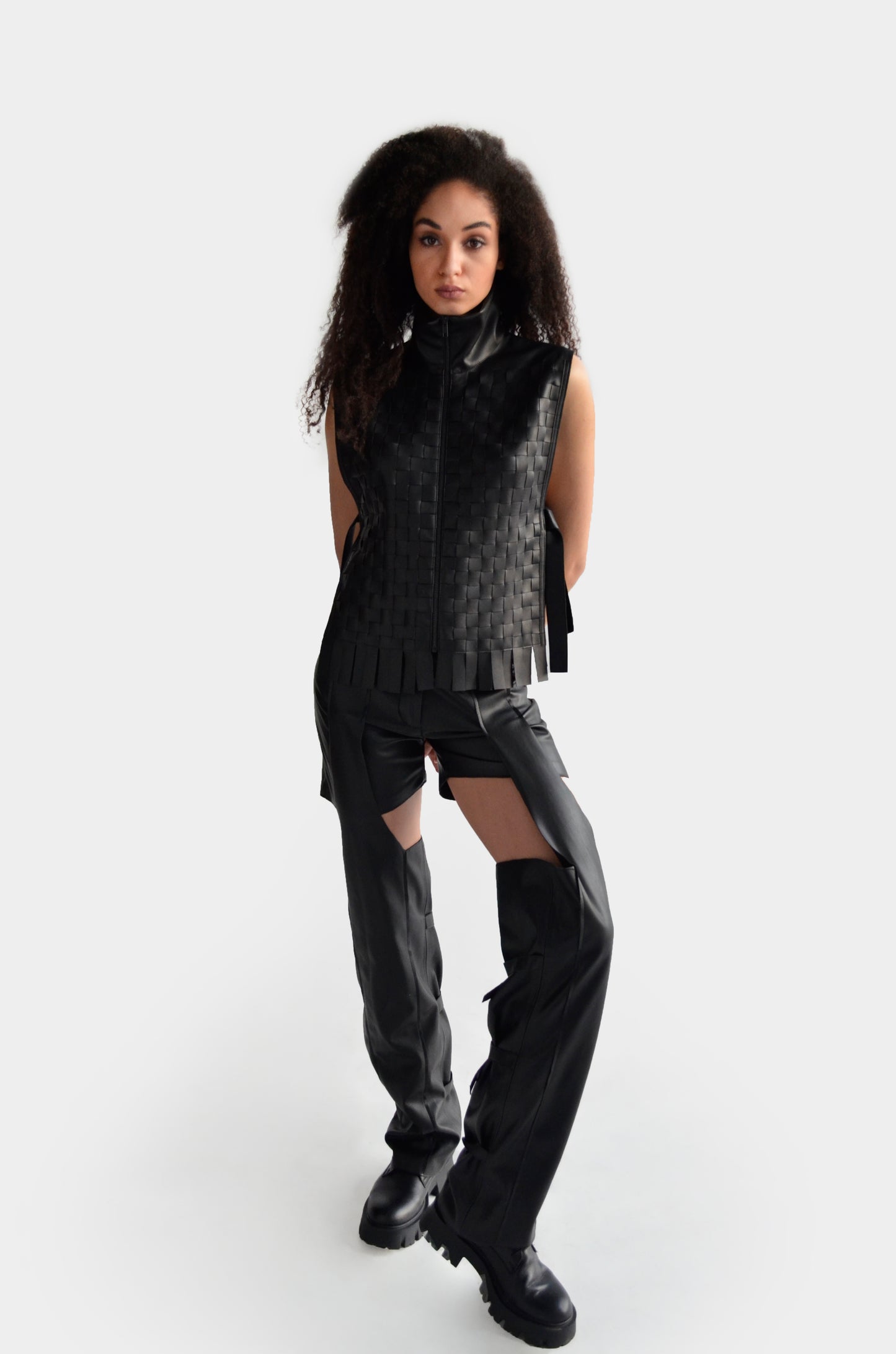 Black eco leather chaps with shorts for women by Holocene