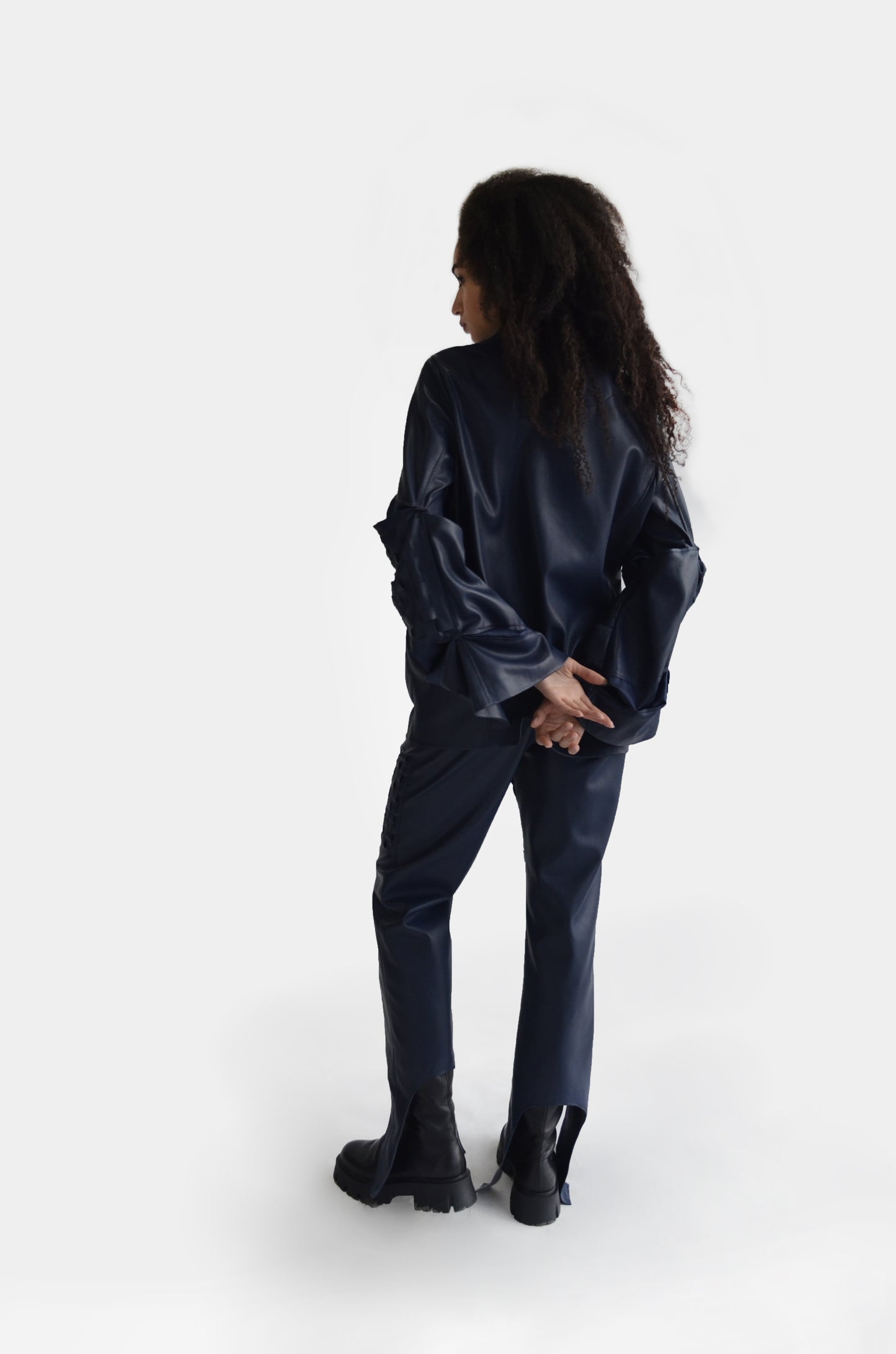 Blue eco leather pants with cut outs for women by Holocene