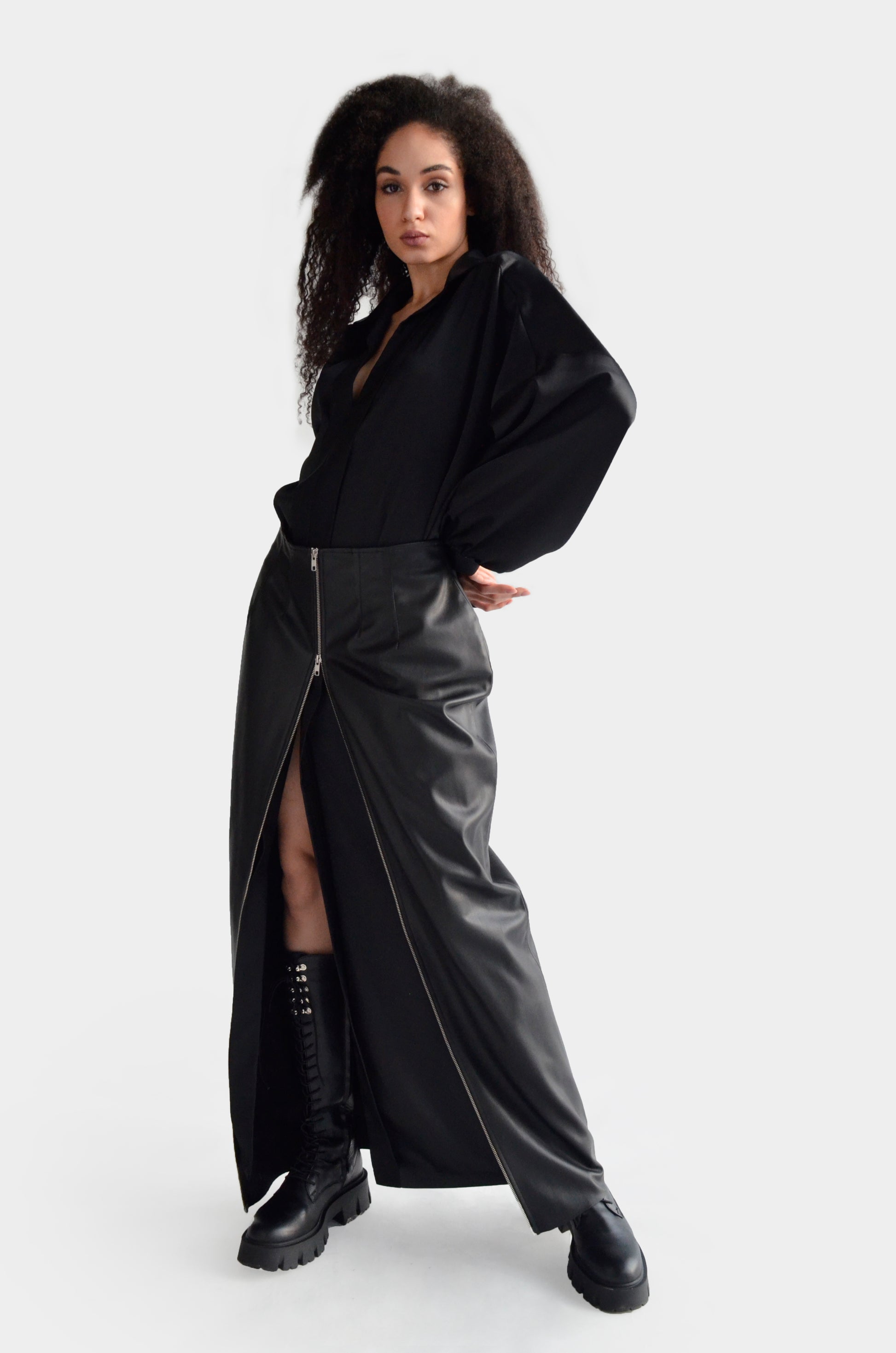 Black eco leather maxi skirt with zipper for women by Holocene