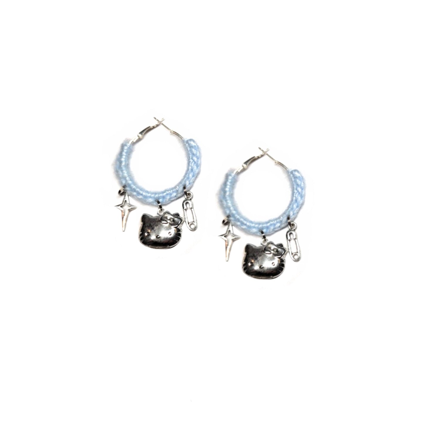 Baby blue fuzzy Hello Kitty hoop earrings with charms