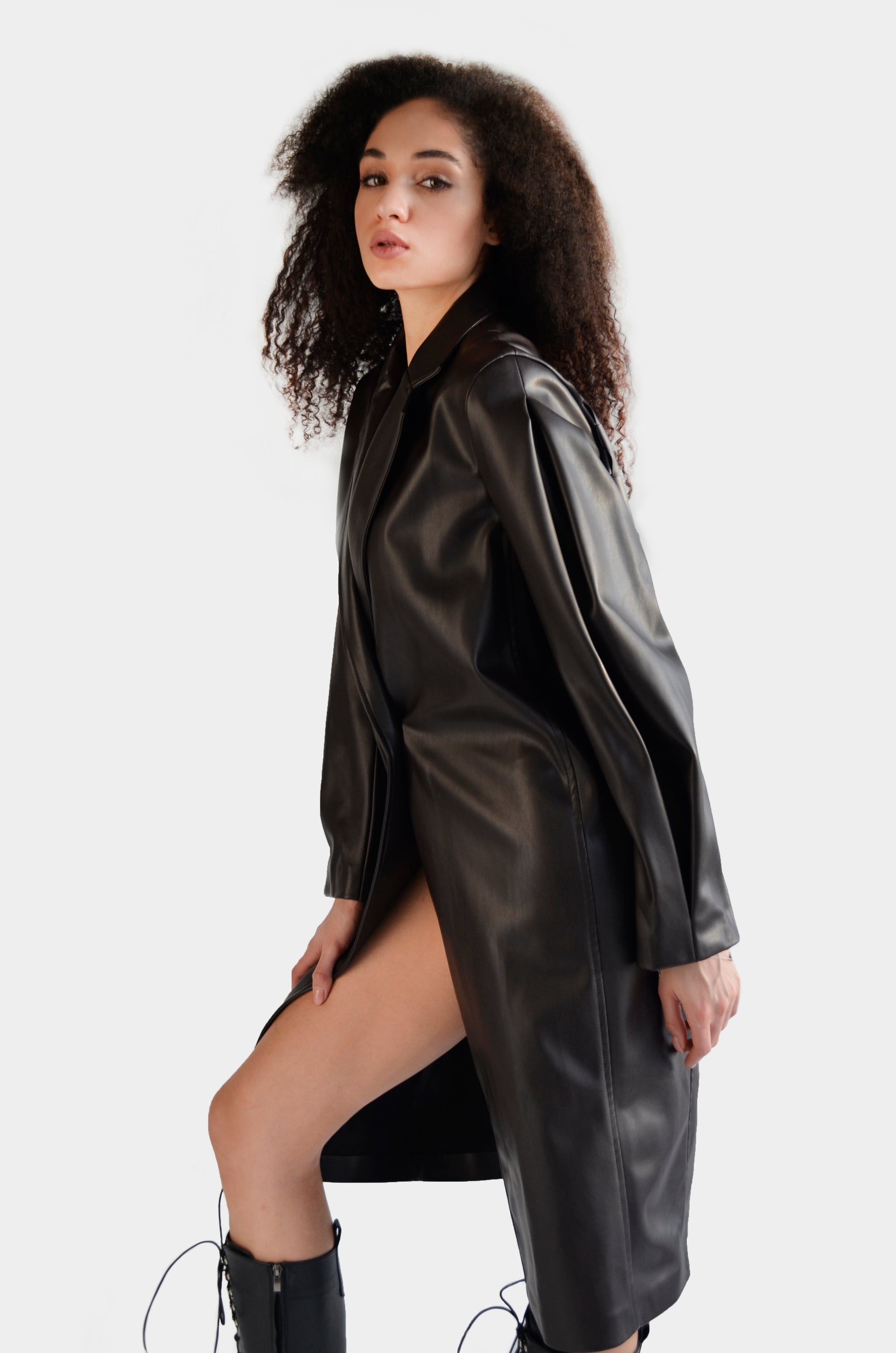 Black eco leather trench coat for women by Holocene