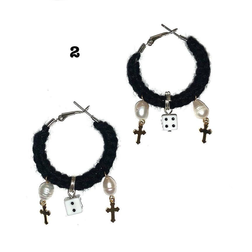 Crochet hoop earrings with charm adornments