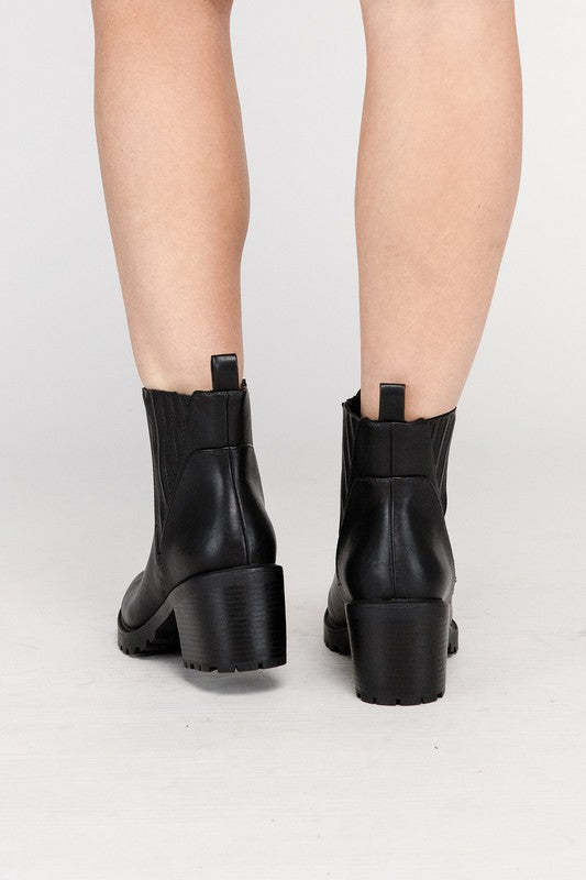 Black leather ankle booties for women