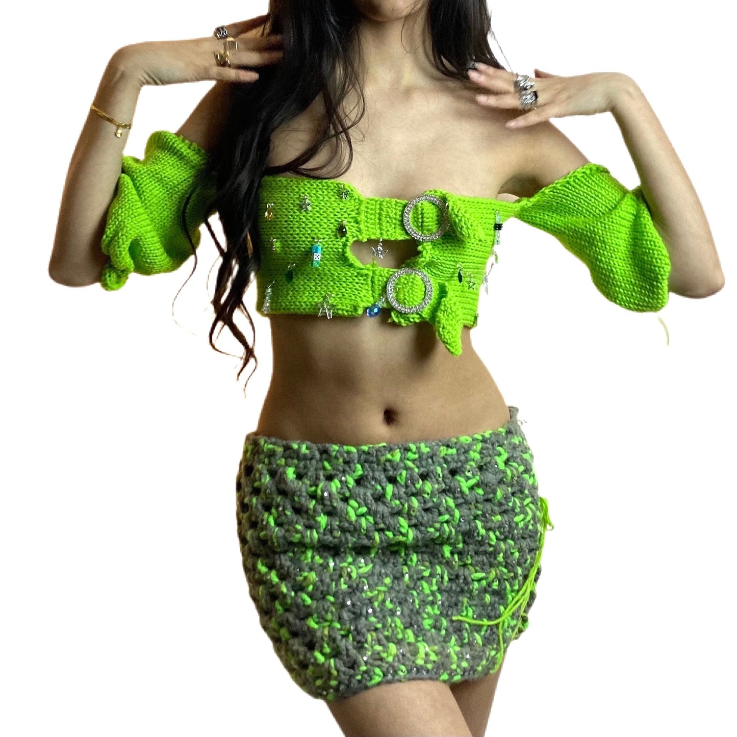 Green crochet off the shoulder crop top with charm adornments