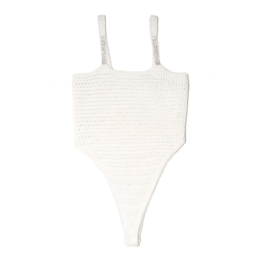 White knit bodysuit with glittery silver straps