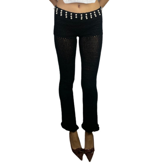 Black crocheted pants with pearl waistband detail