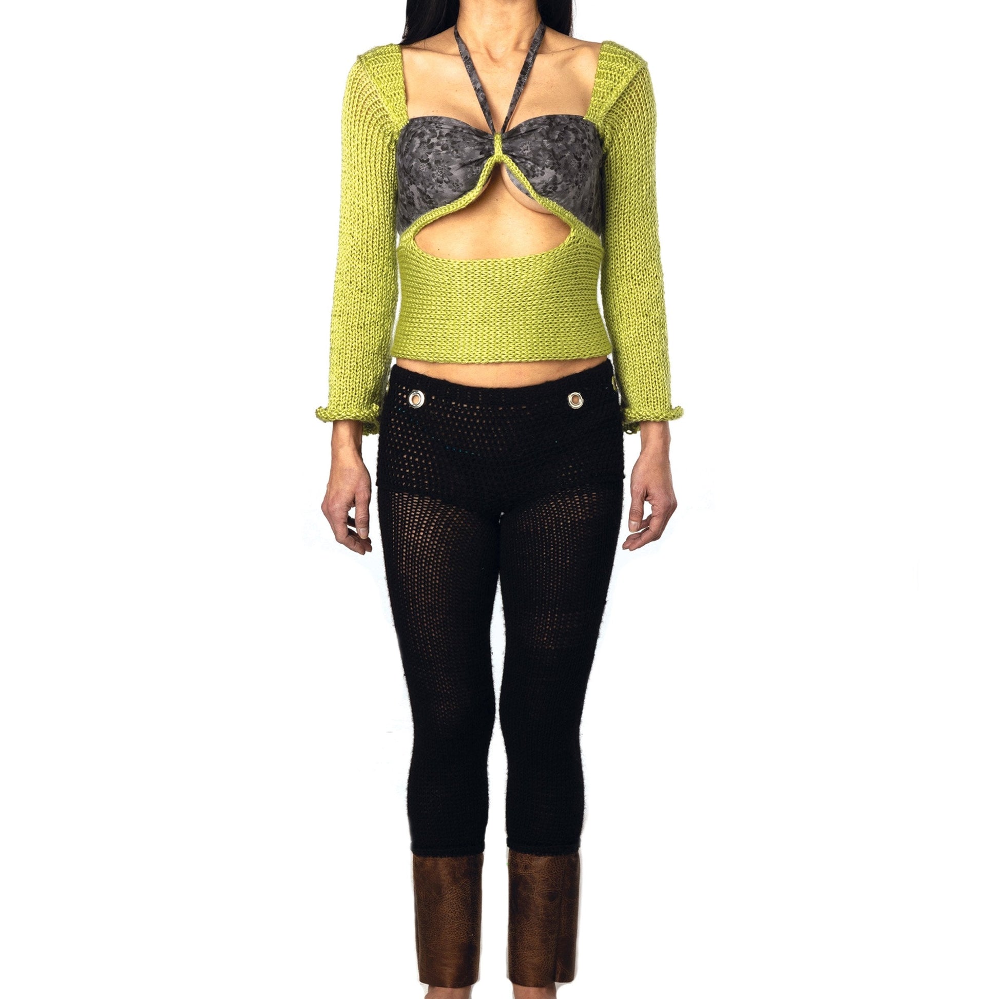 green long sleeve knit top with chest cut-out