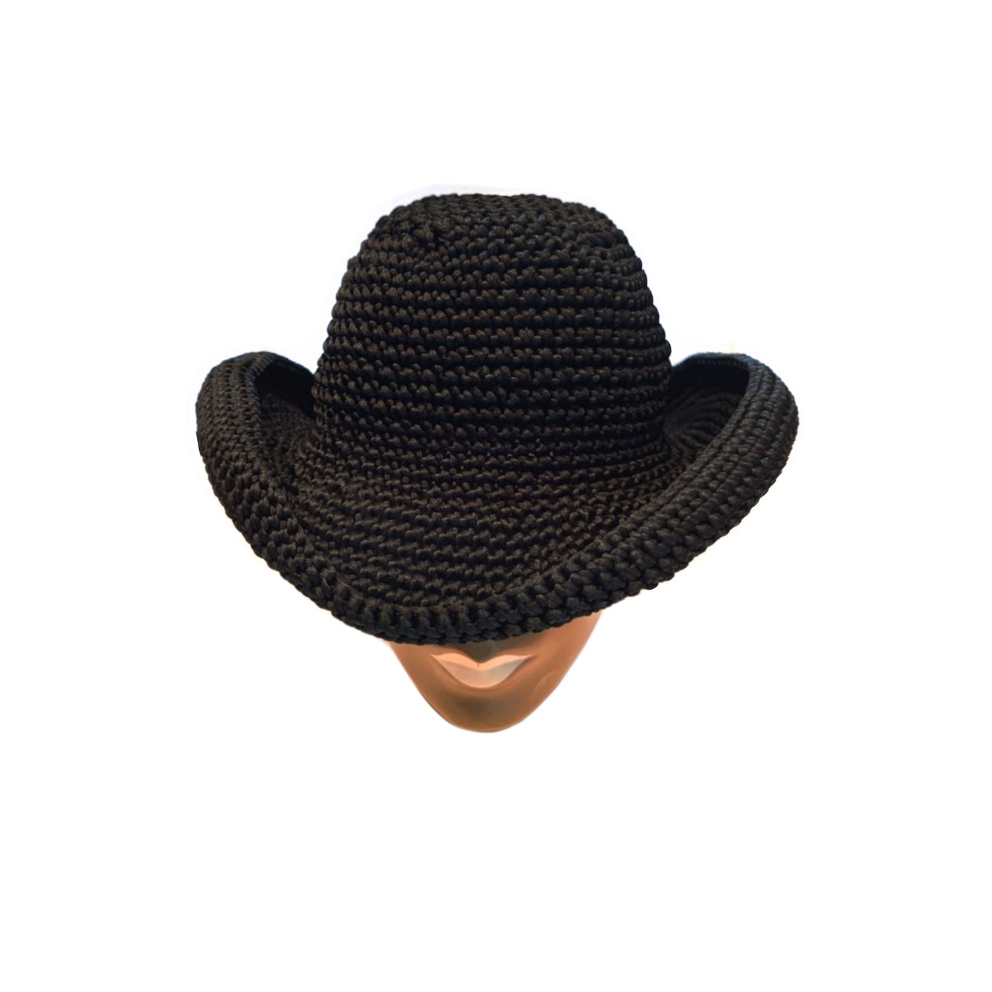 Crochet cowboy hat made from black cord.