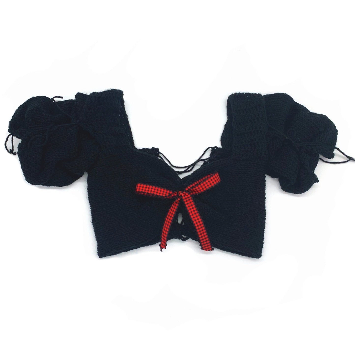 Blue knit crop top with red bow