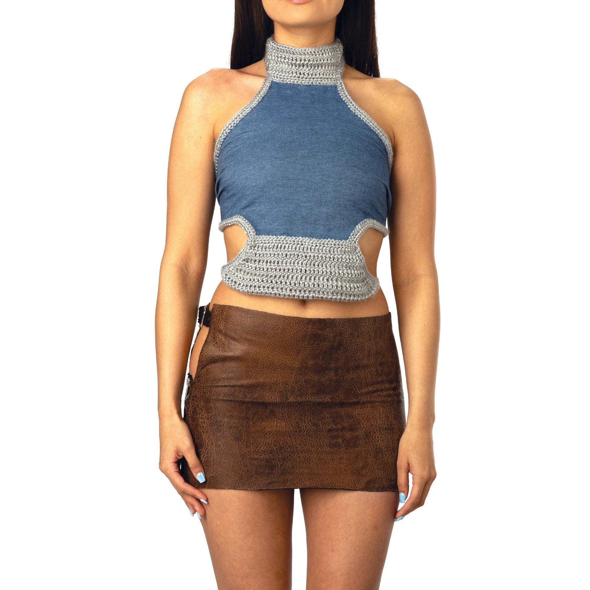 Knit crochet halter top with side cut outs