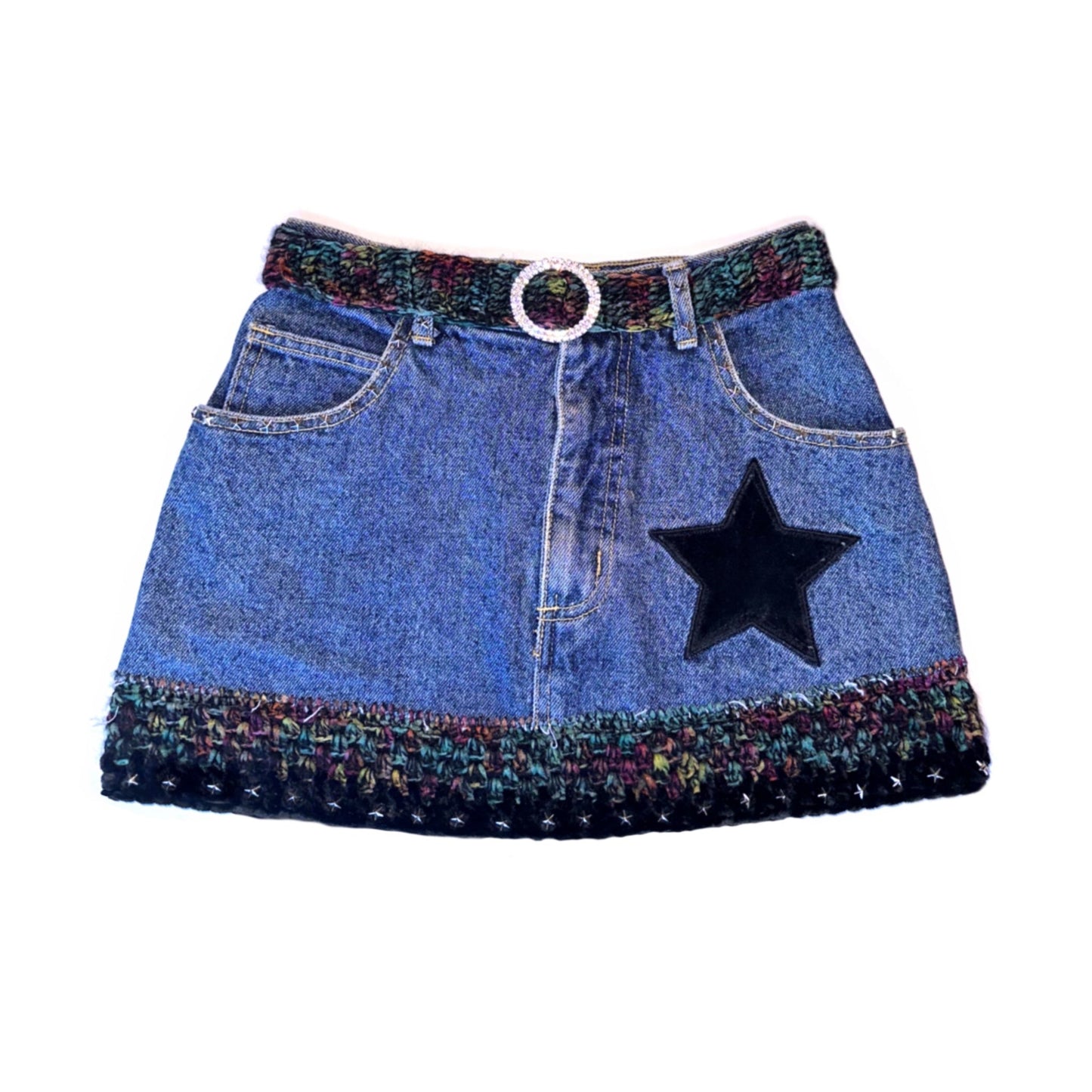 Vintage Jean Guess Skirt Revamped into a Two Piece Velvet Star Bra and Mini Skirt with Crochet Trim and Rhinestone Buckle Belt.
