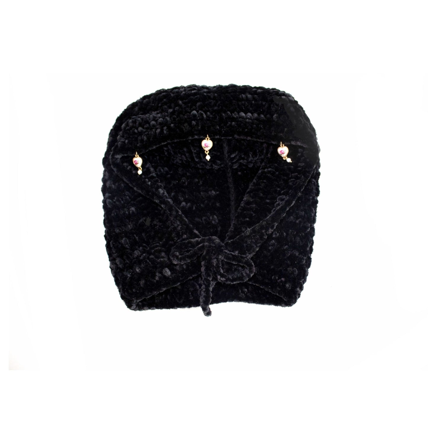 Black knit hood hat with charms