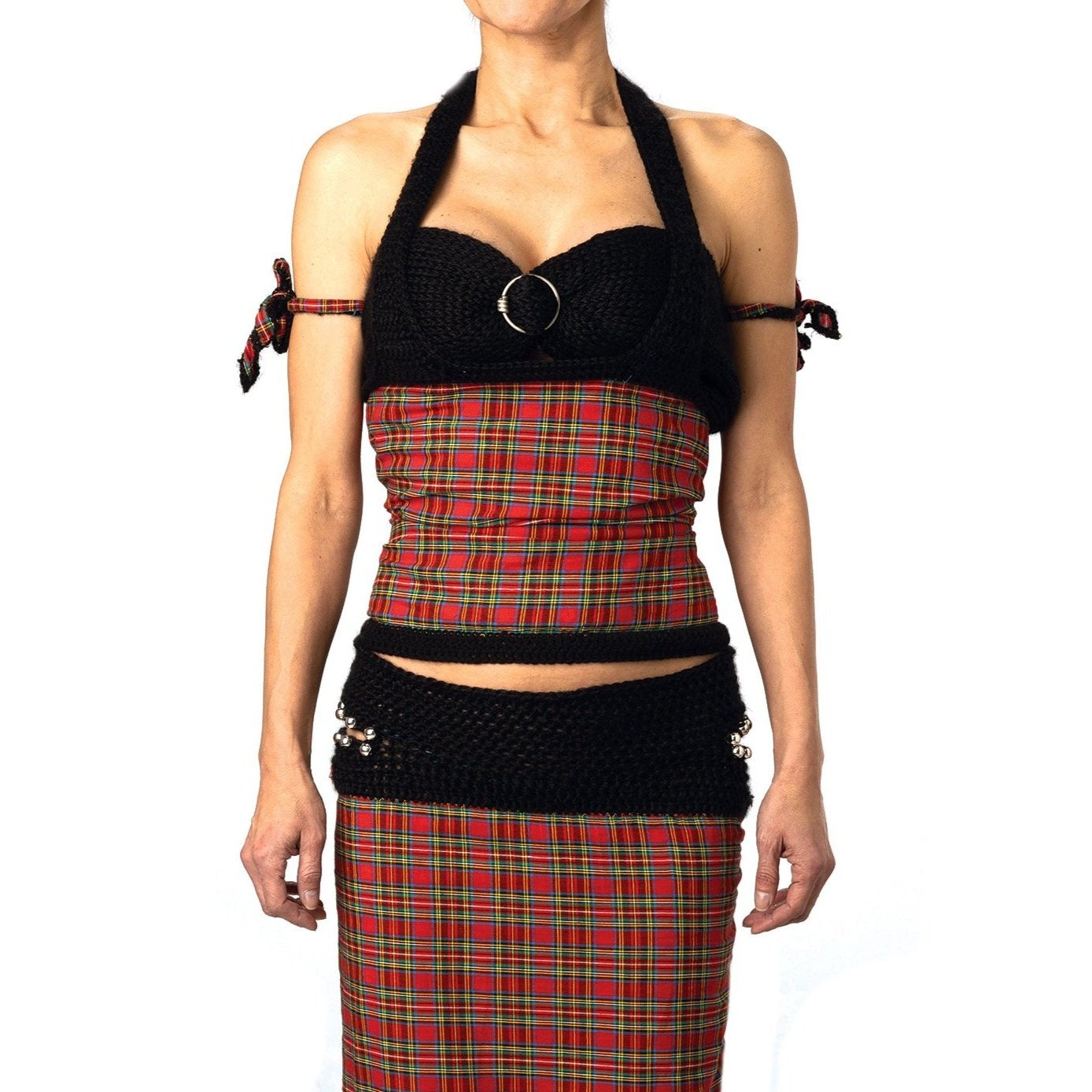 black knit and plaid top with halter neck style.