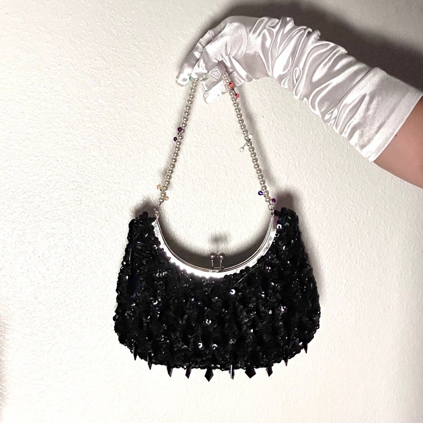 Vintage Black Beaded Jewel Purse with Pearl Strap