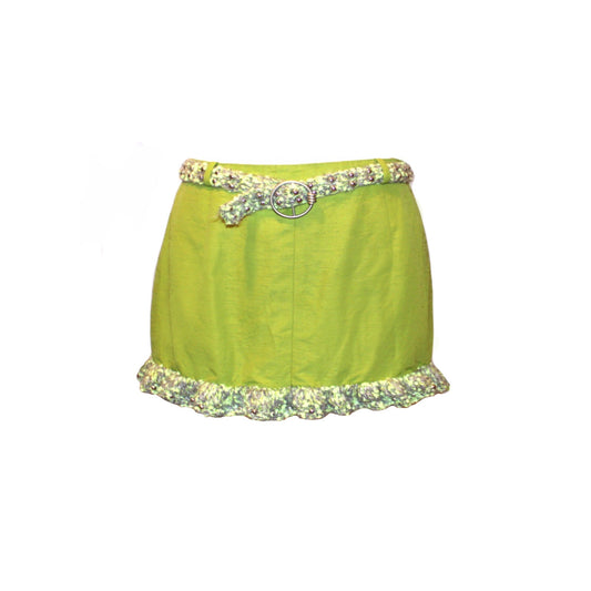 Lime green mini skirt with crochet ruffles and crochet belt.