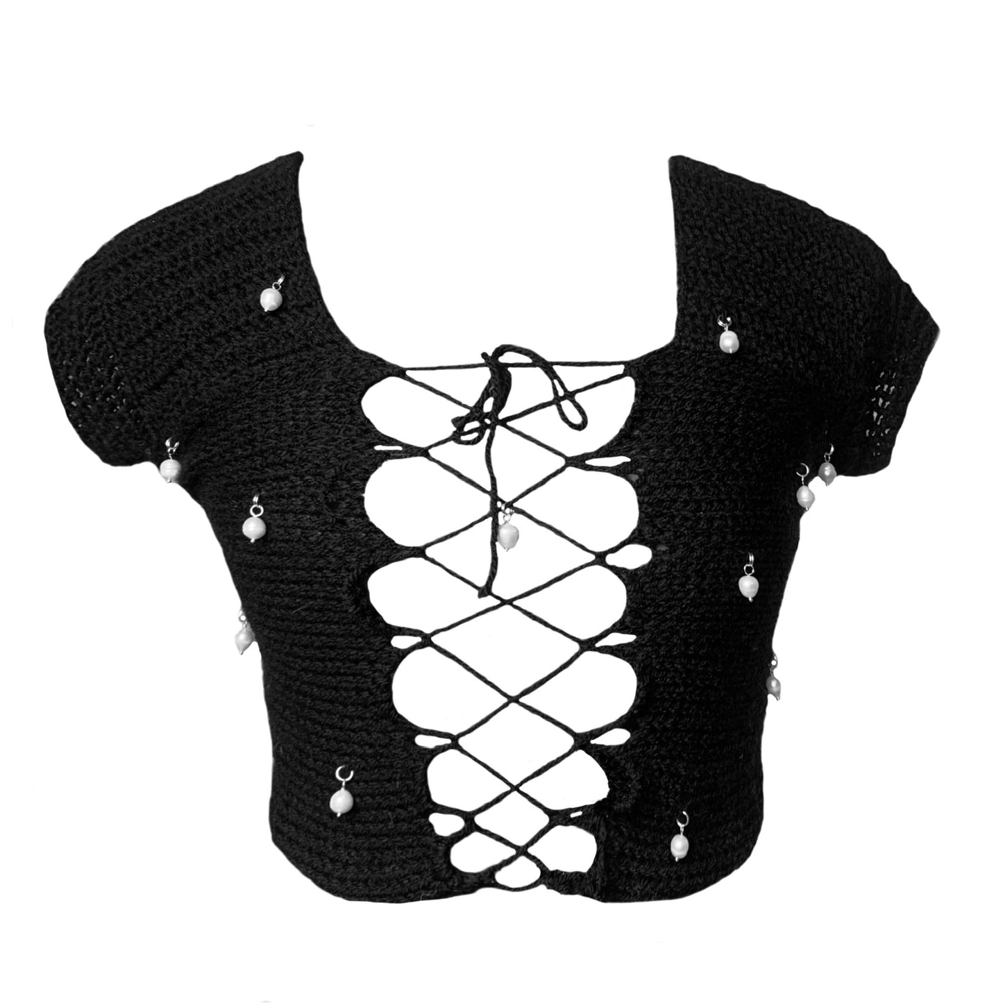 Crochet short sleeve crop top with fresh water pearls, a square neck and adjustable lace up front.