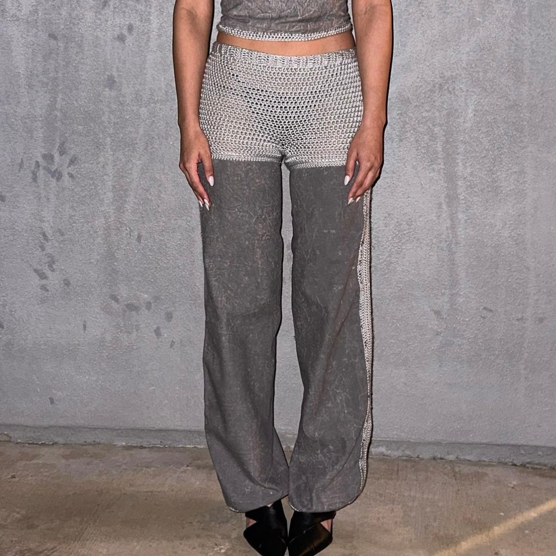 Gray knit and crochet loose-fit pants for women