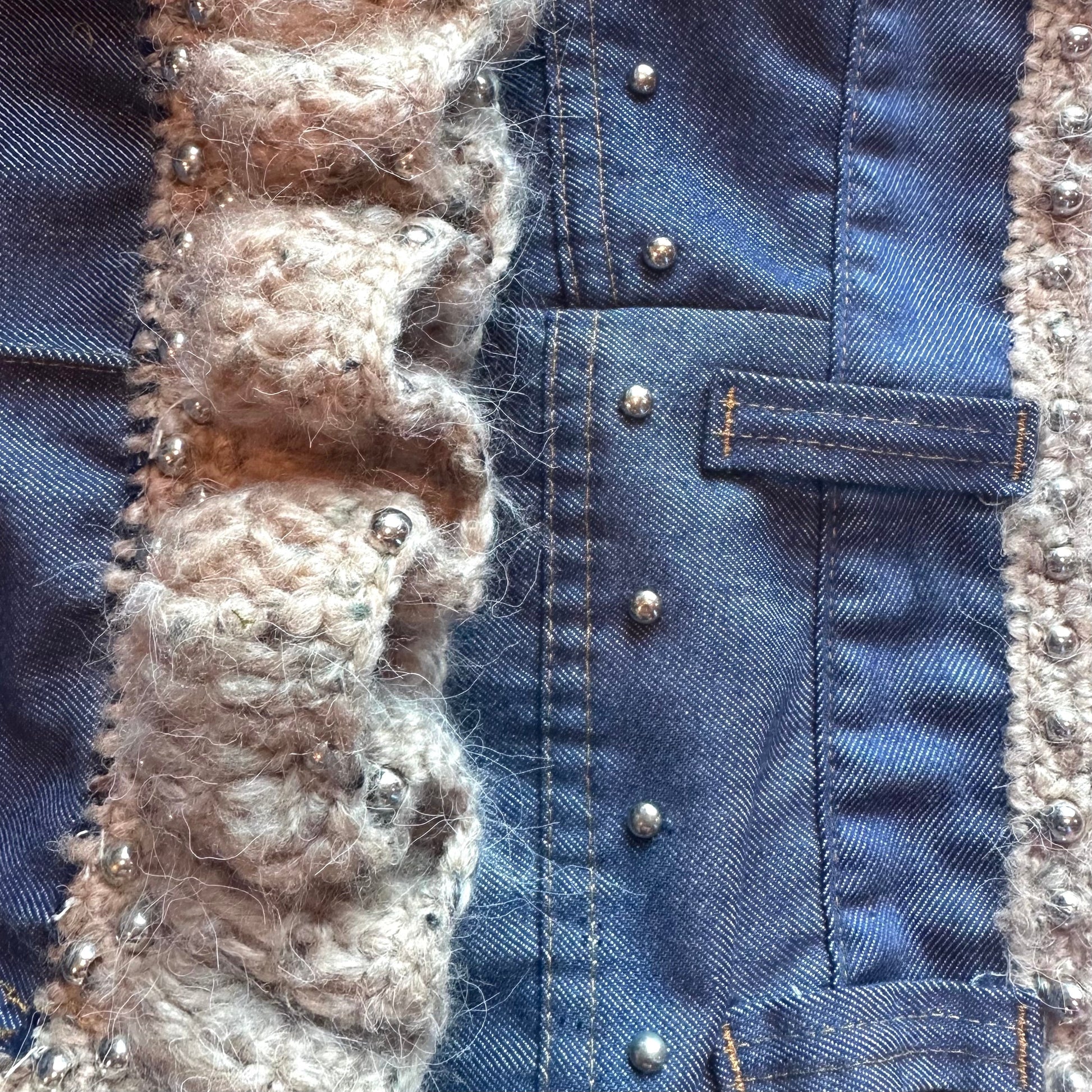 Vintage Silver Studded Jeans with Tan Crochet Beaded Trim