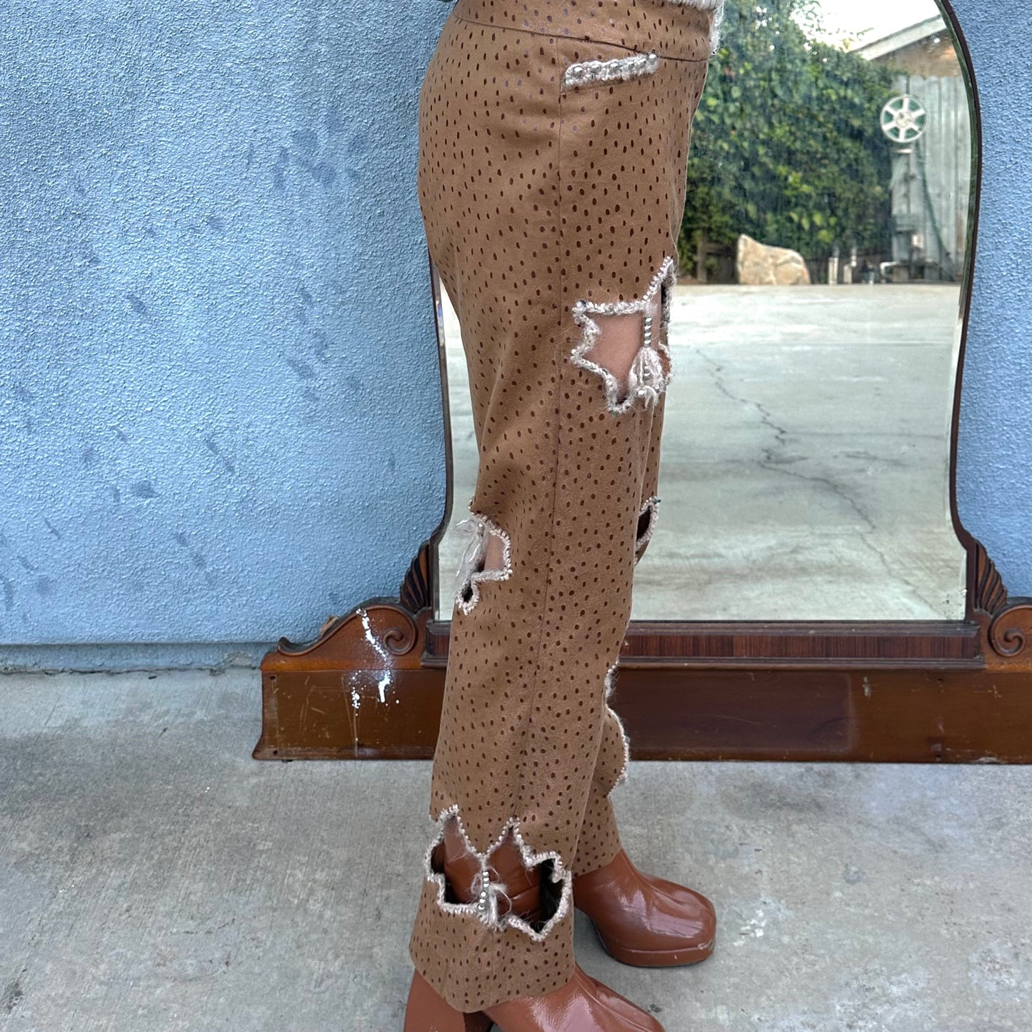 Vintage Faux Tan Spotted Pants with Silver Beaded Crochet Trim and cut outs