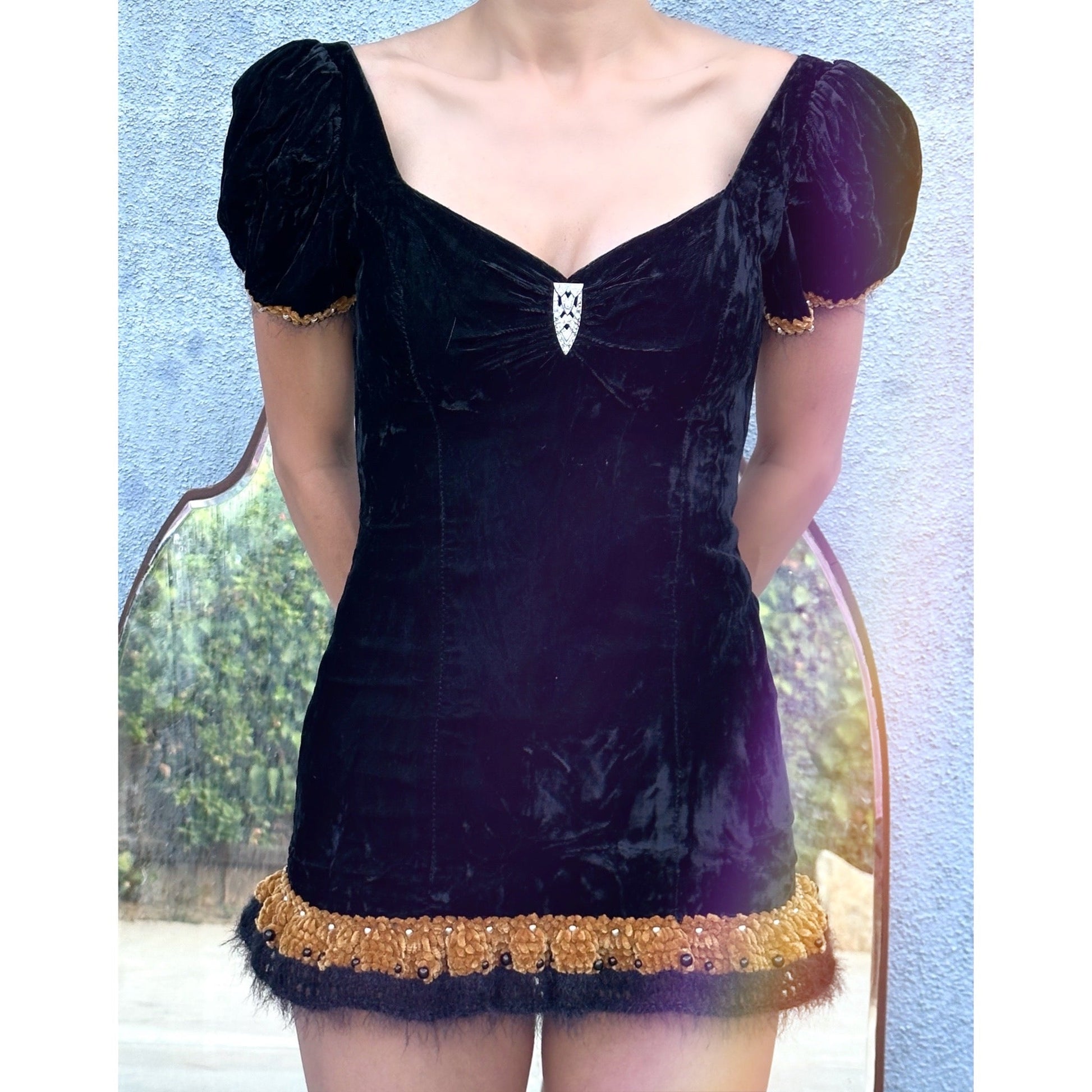 Black Velvet Vintage Gown Revamped into Mini Dress with Beaded Crochet Ruffle Trim with Diamond Embellishment